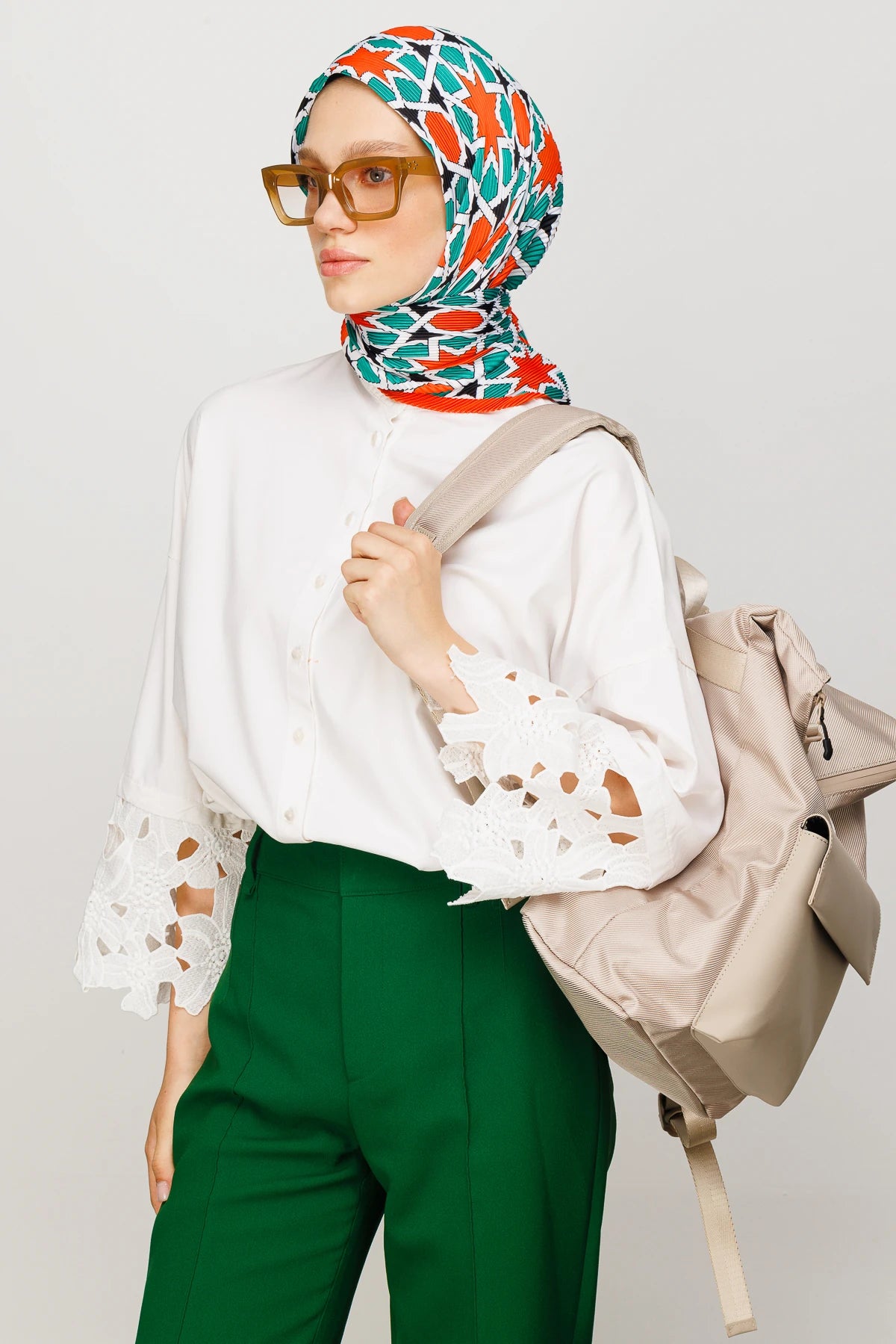 Shira Pattern Pleated Scarf - Orange