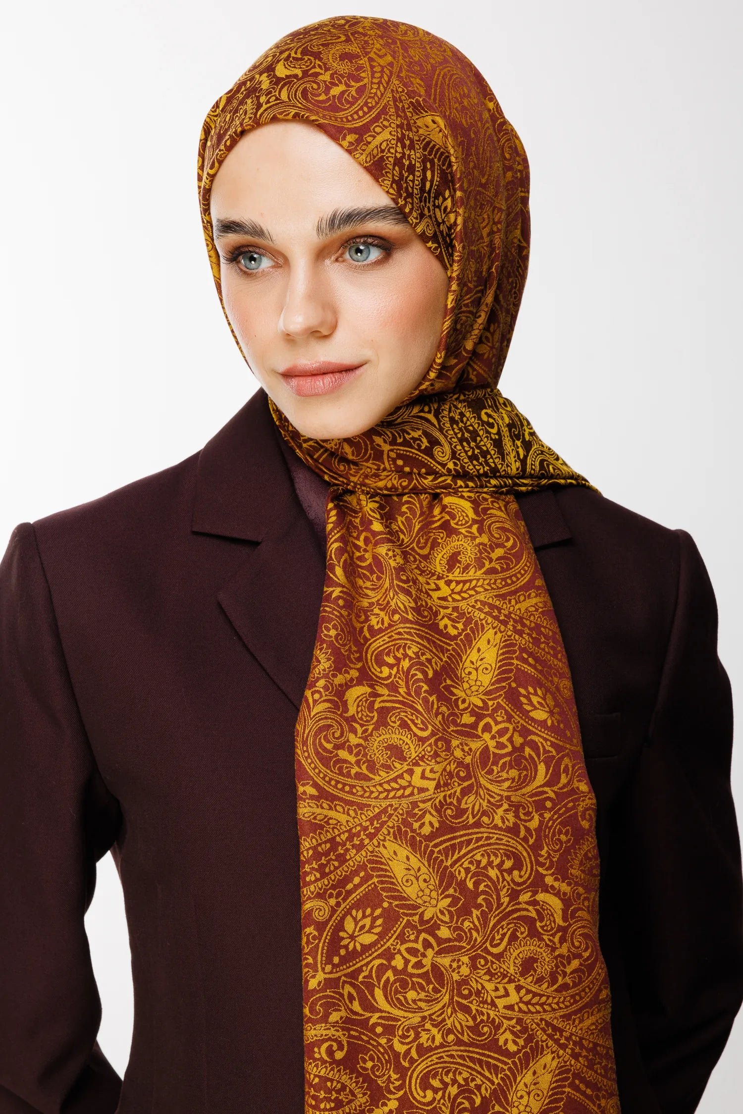 Velora Pattern Double-Sided Scarf - Plum-Yellow