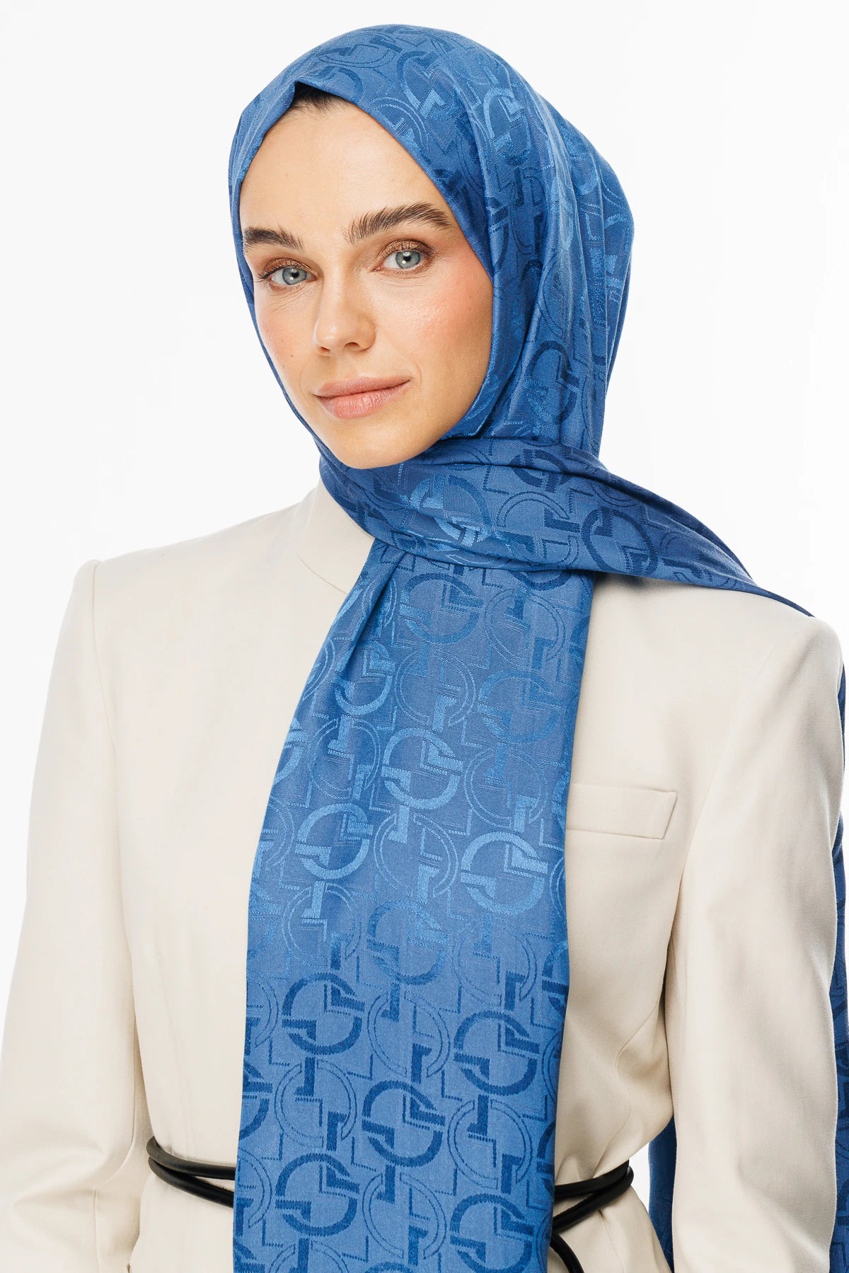Longar Pattern Shiny Jacquard Scarf - Indigo
