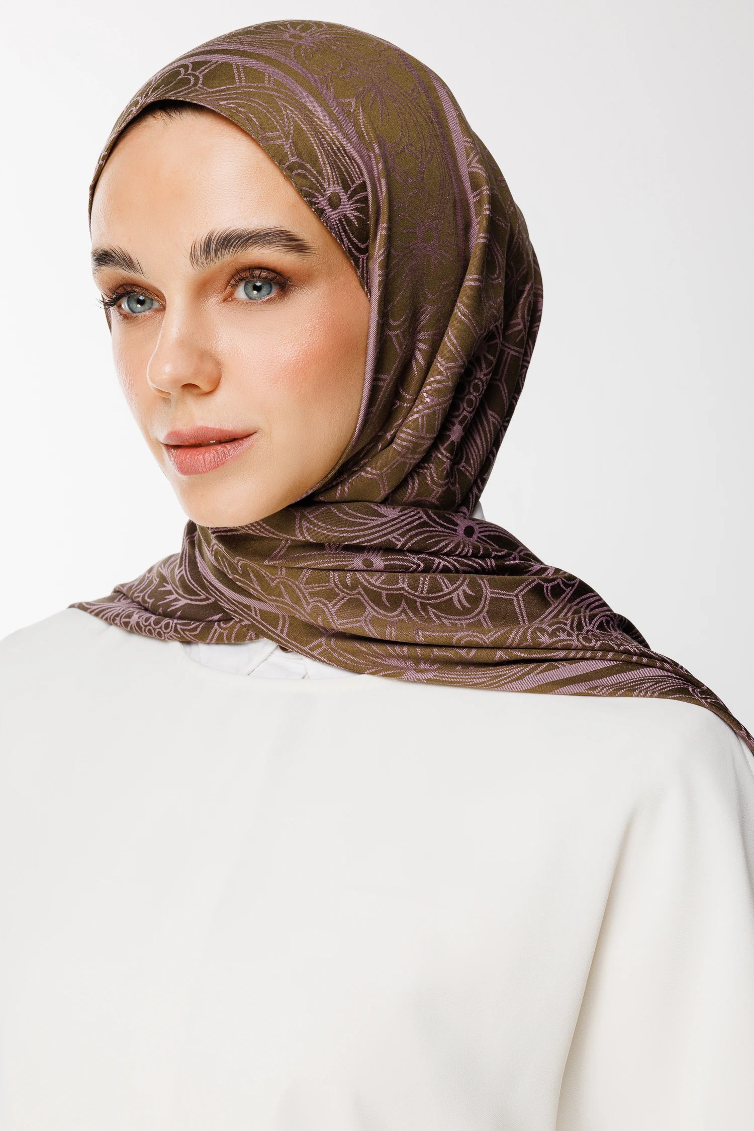 Lavin Pattern Double-Sided Scarf - Dark Khaki - Dark Rose