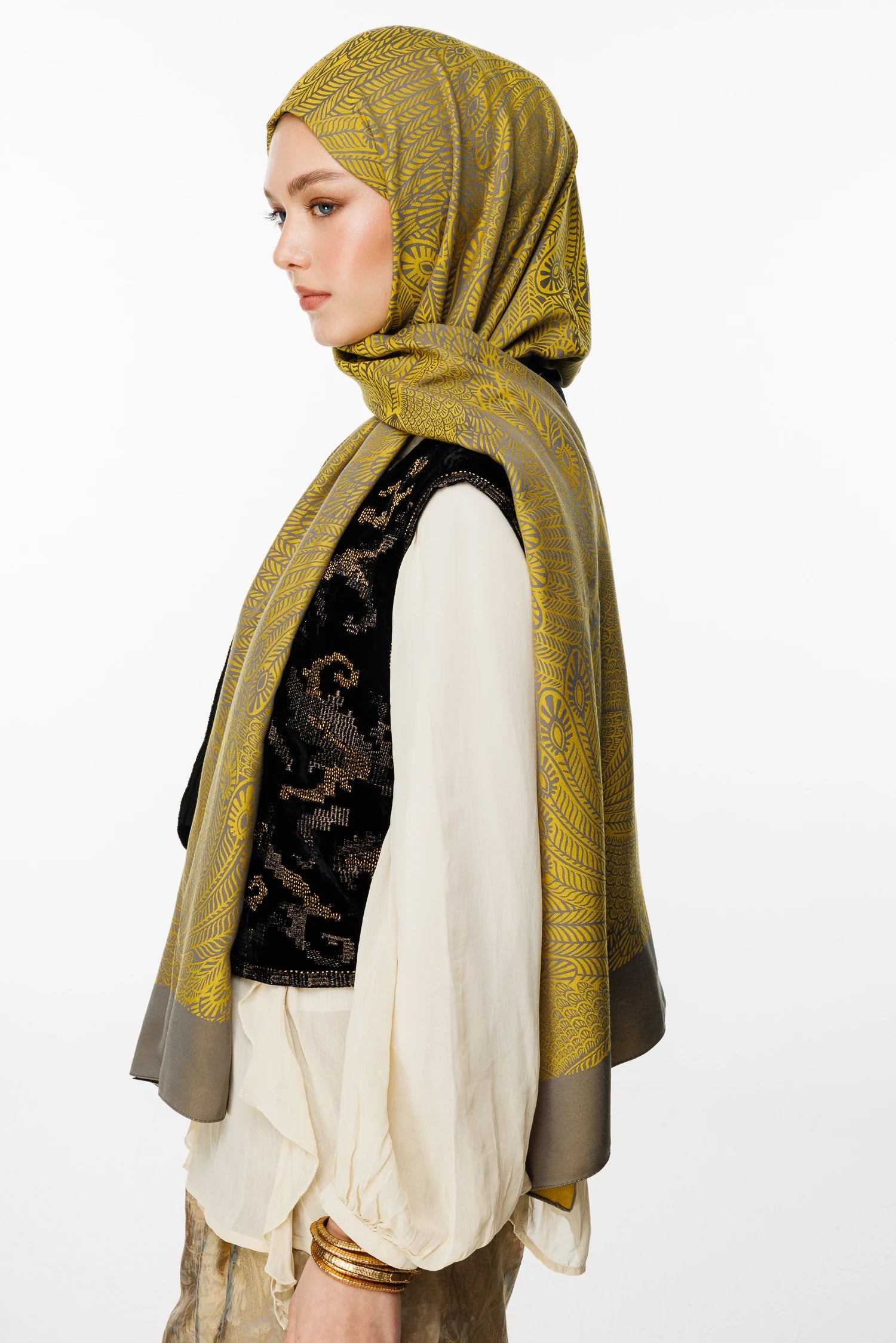 Mayra Pattern Double-Sided Scarf - Dark Grey-Mustard