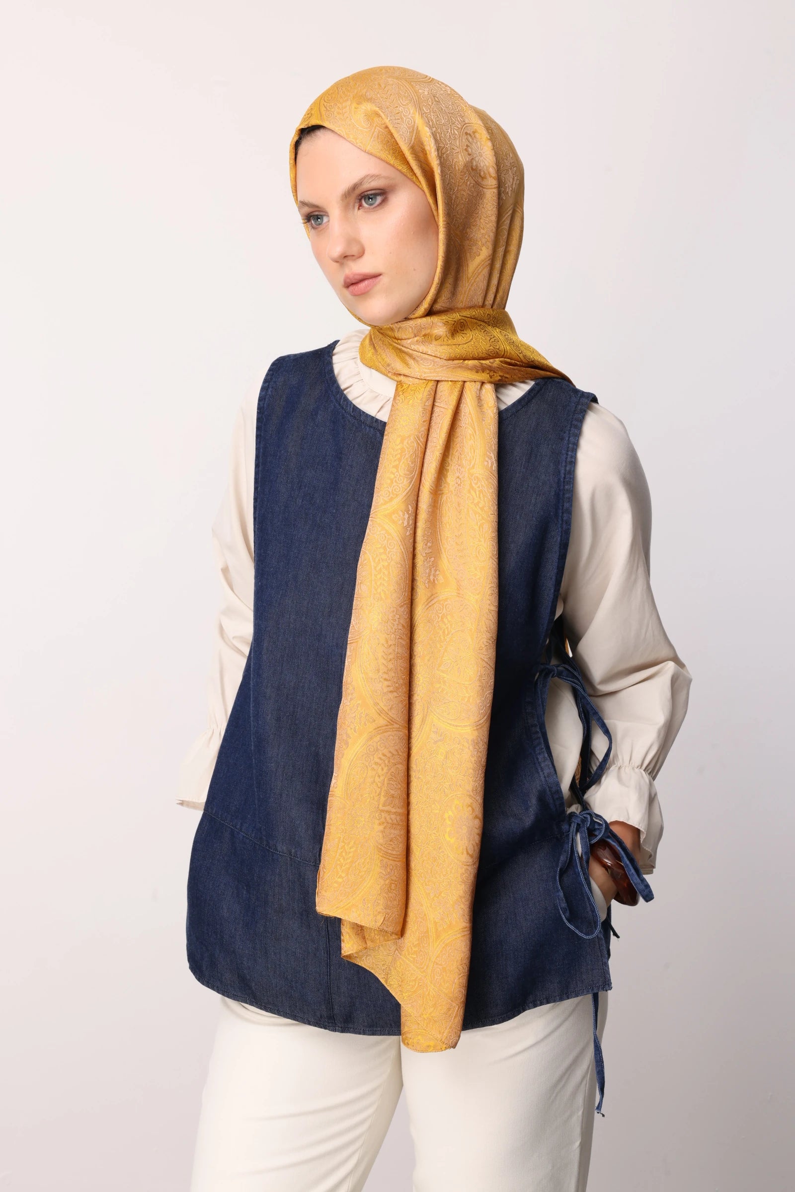 Vera Pattern Shine Line Scarf - Mink-Mustard