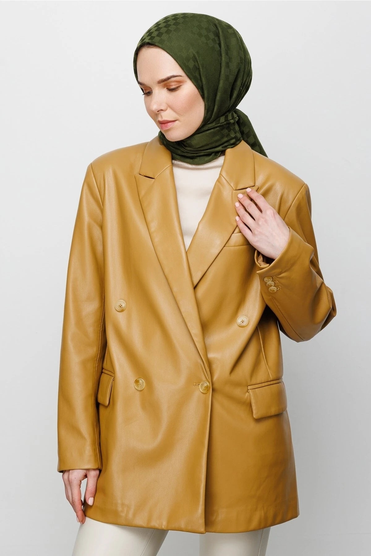 Square Pattern Cotton Jacquard Scarf - Khaki