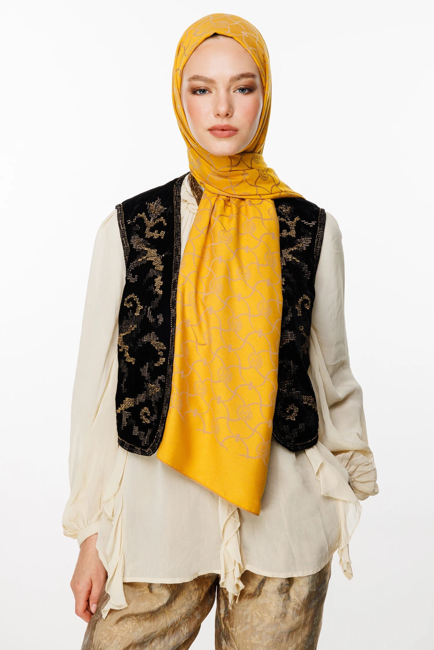 Marrakech Pattern Double-Sided Scarf - Mink-Mustard