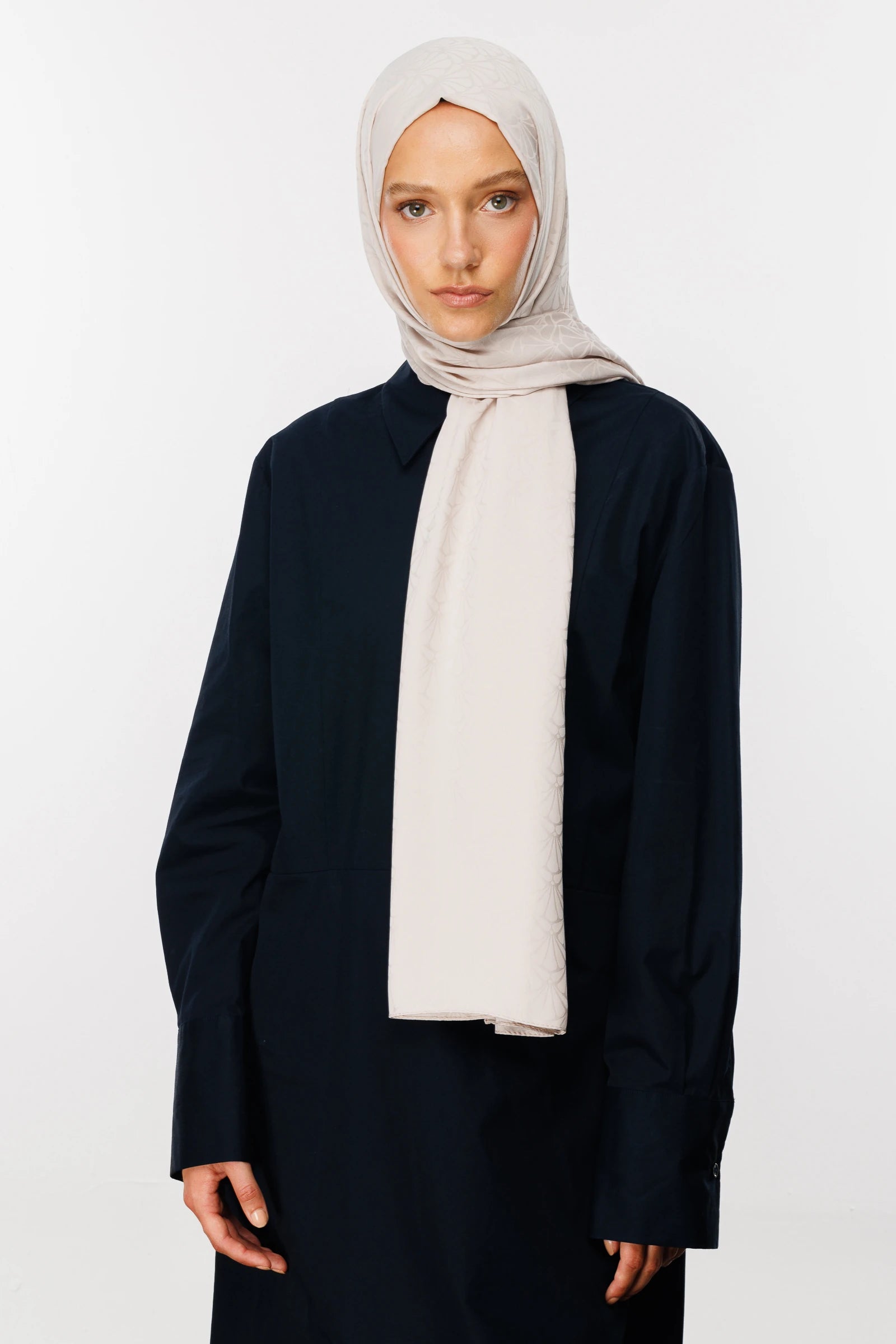 Lotus Pattern Silky Jacquard Scarf - Stone Color