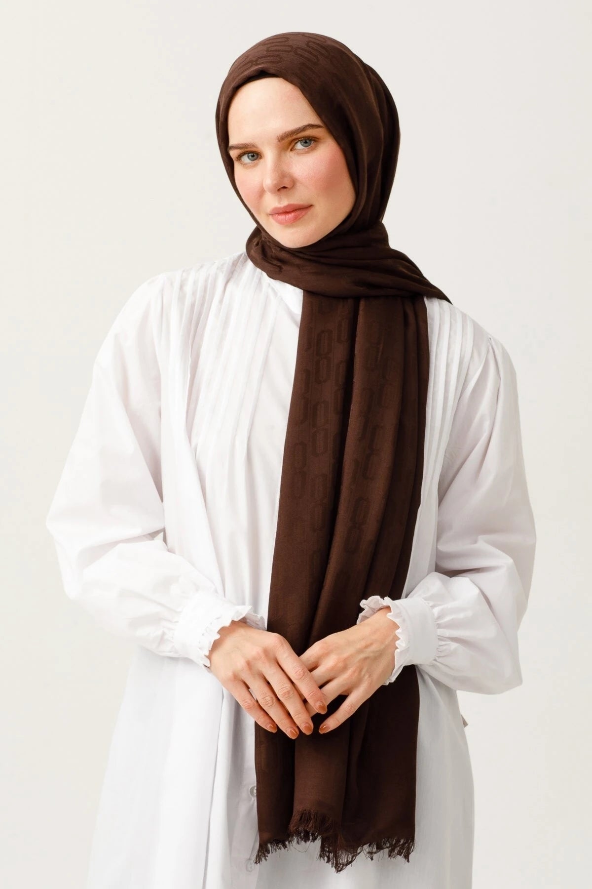 Chain Pattern Cotton Jacquard Scarf - Bitter Coffee