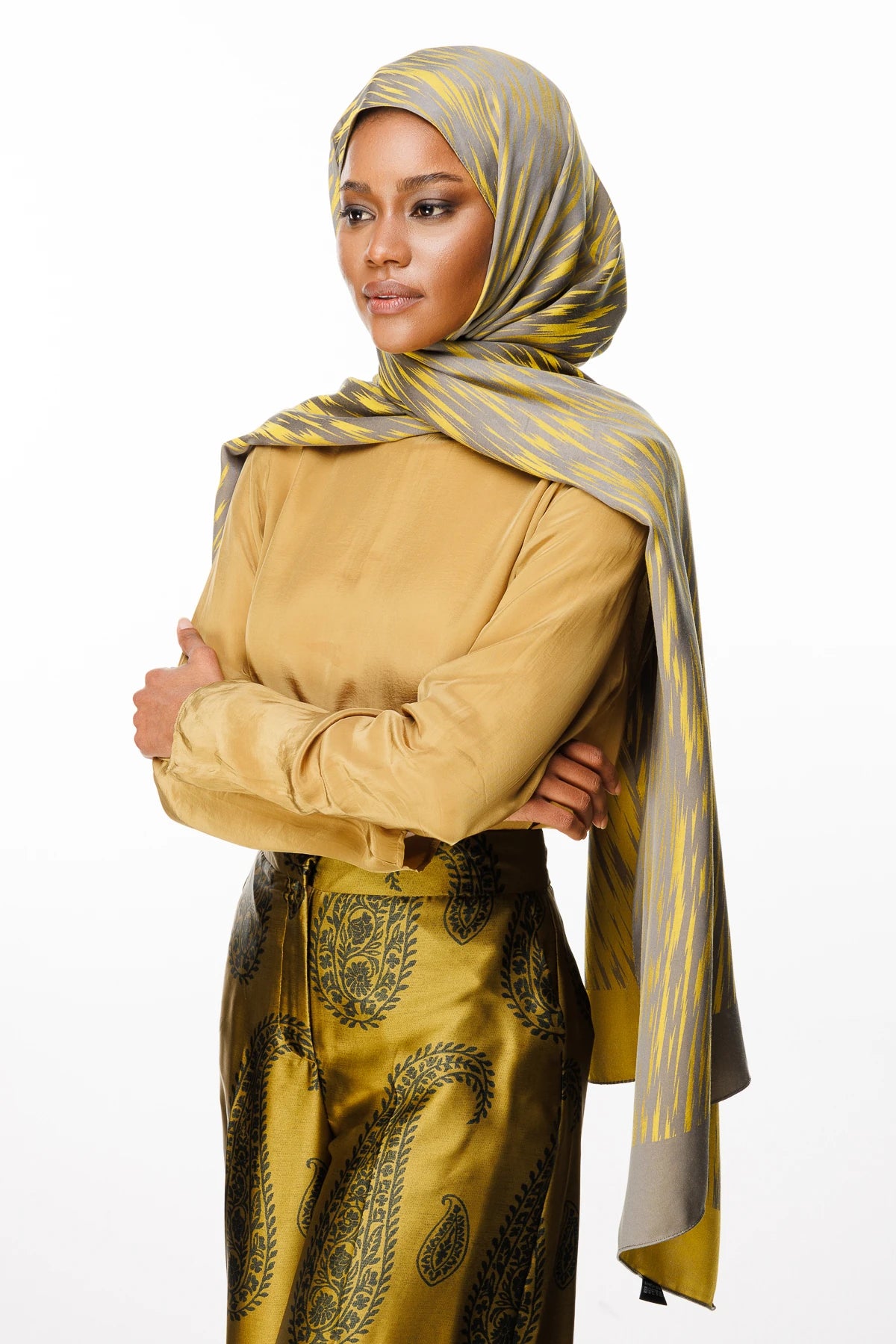 Selis Pattern Double-Sided Scarf - Dark Grey-Mustard