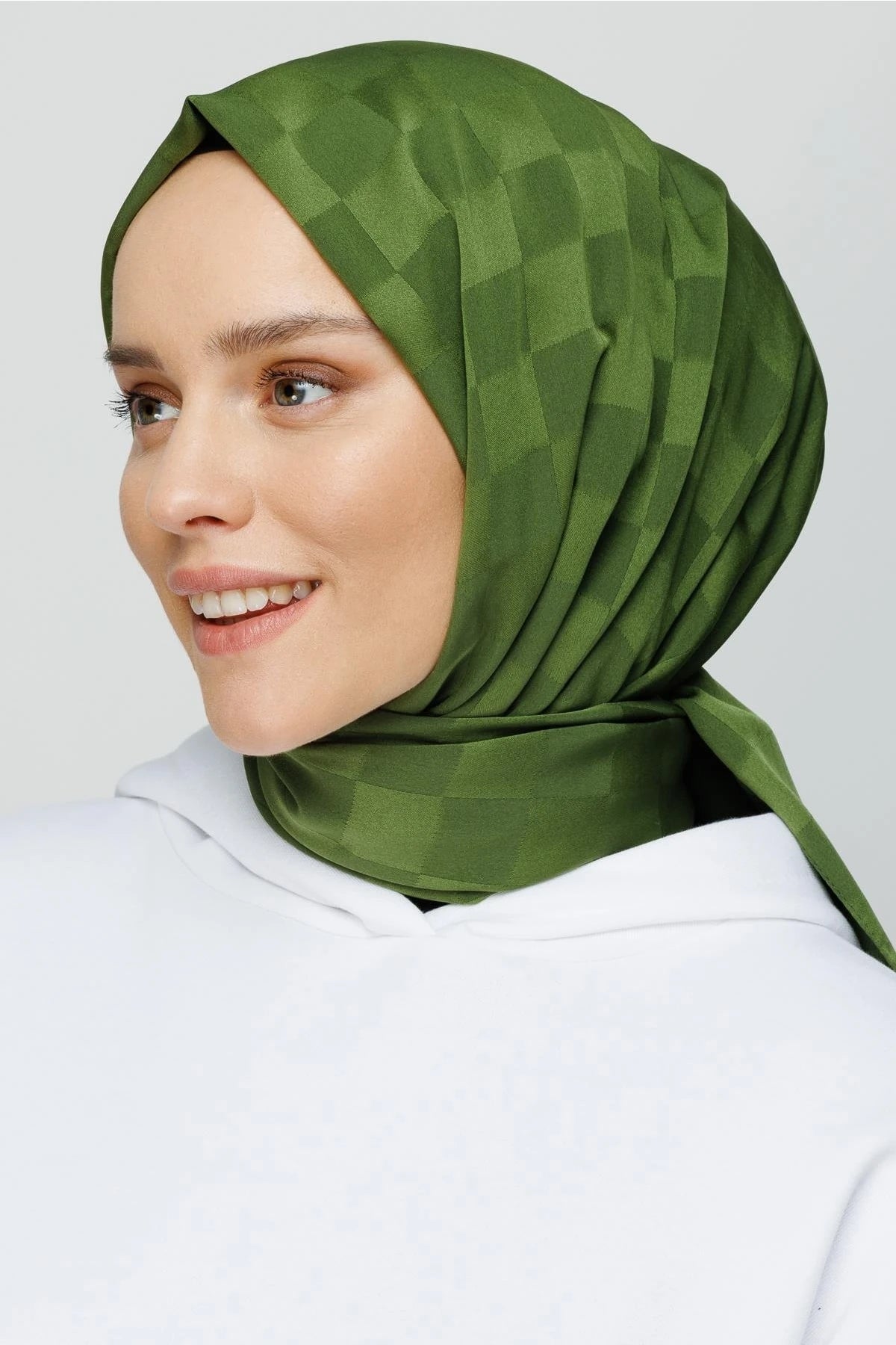 Checkerboard Pattern Silky Jacquard Shawl - Military Green