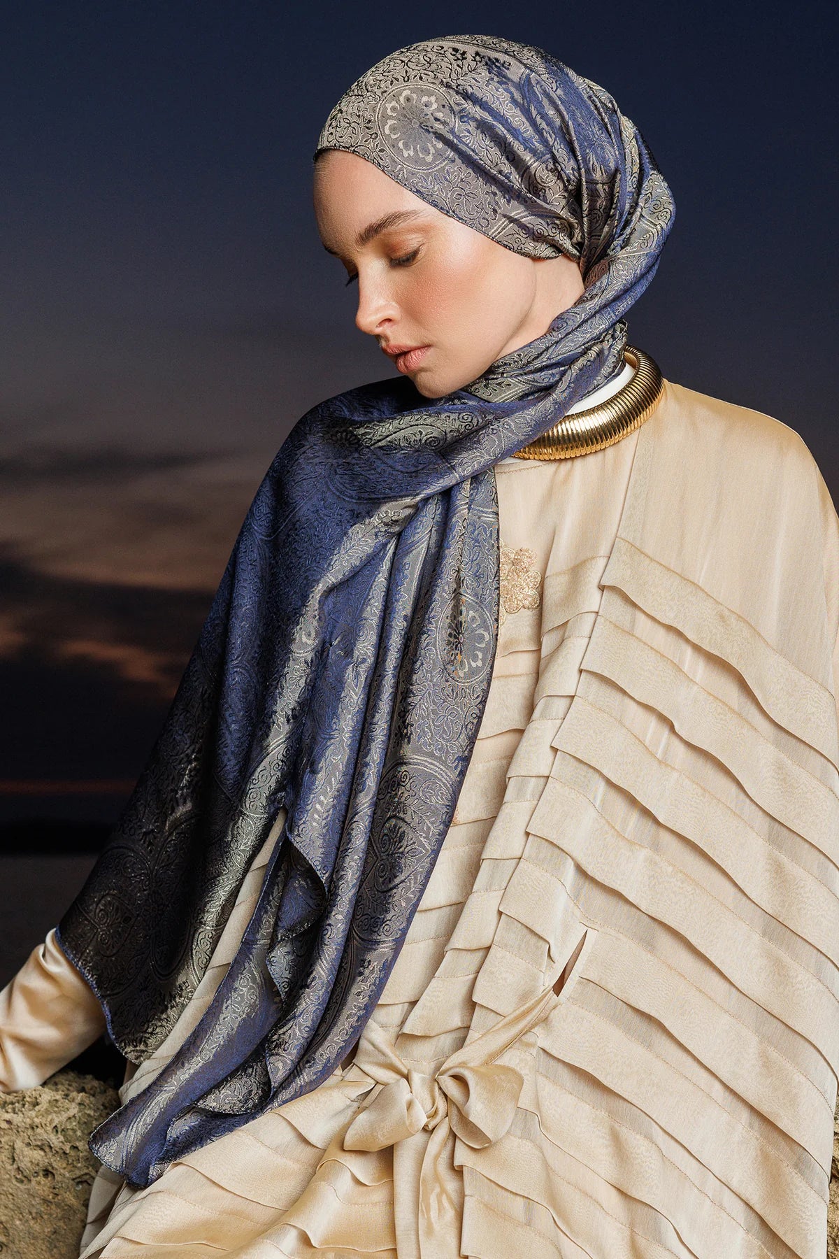 Vera Pattern Shine Line Scarf - Navy Blue-Beige