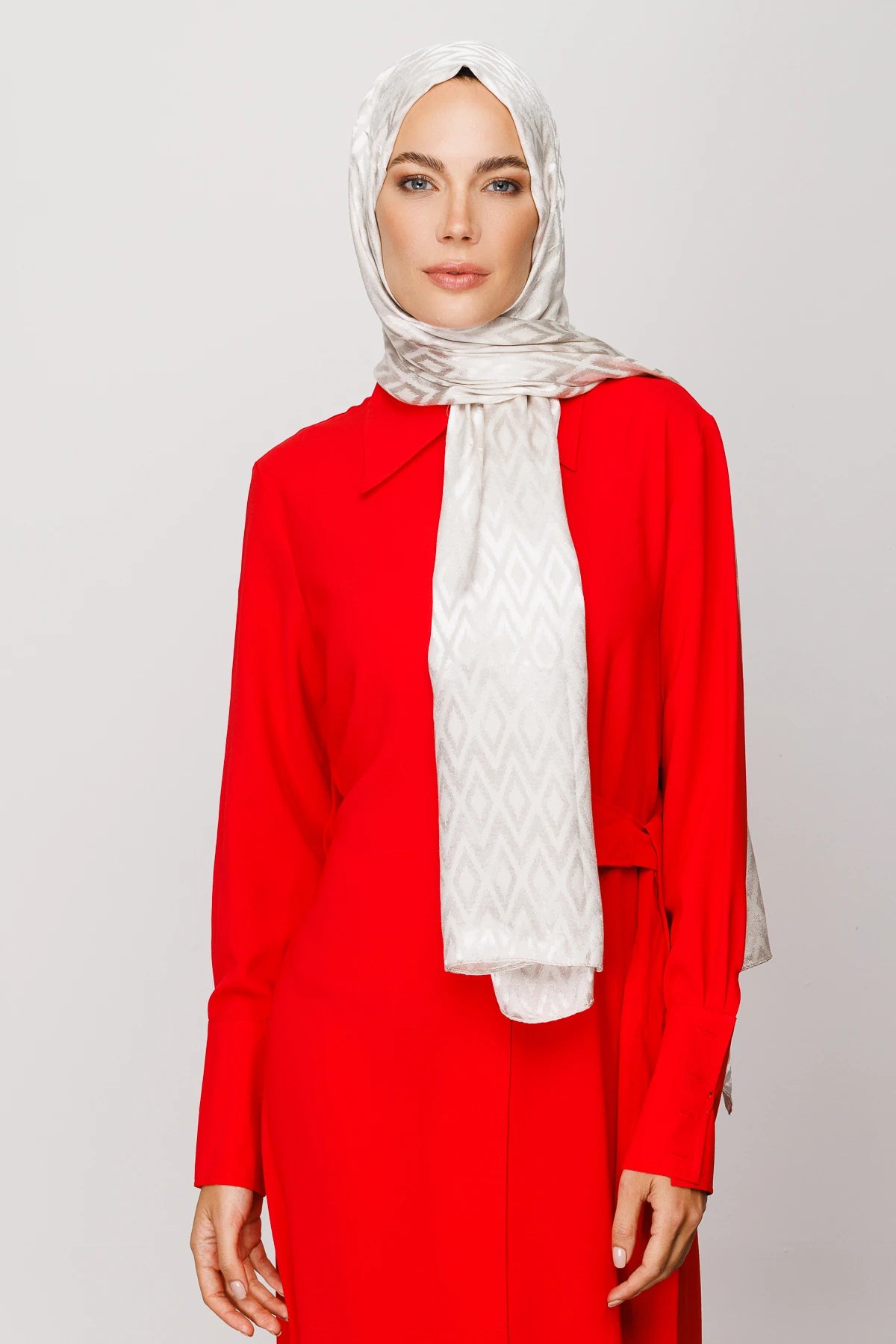 Tile Pattern Shiny Jacquard Shawl - Stone Color