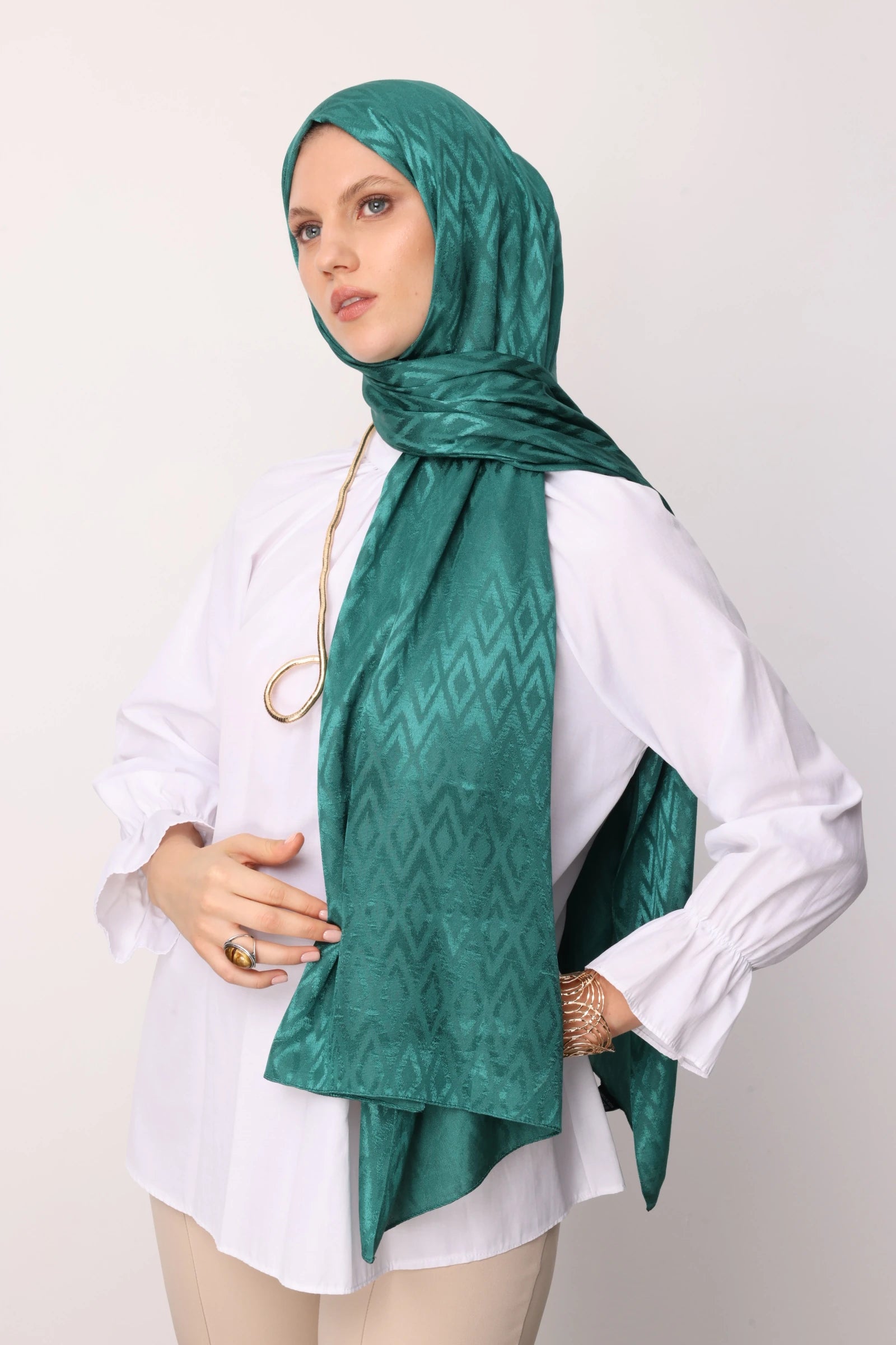 Tile Pattern Shiny Jacquard Shawl - Mint Green