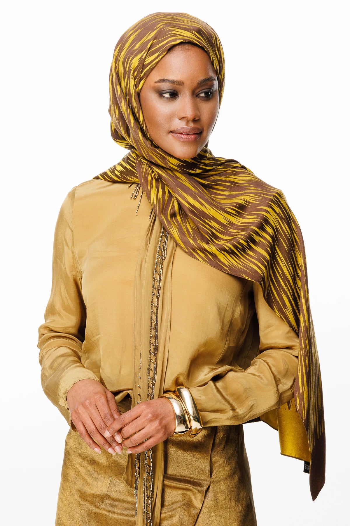 Selis Pattern Double-Sided Scarf - Bitter Coffee-Mustard