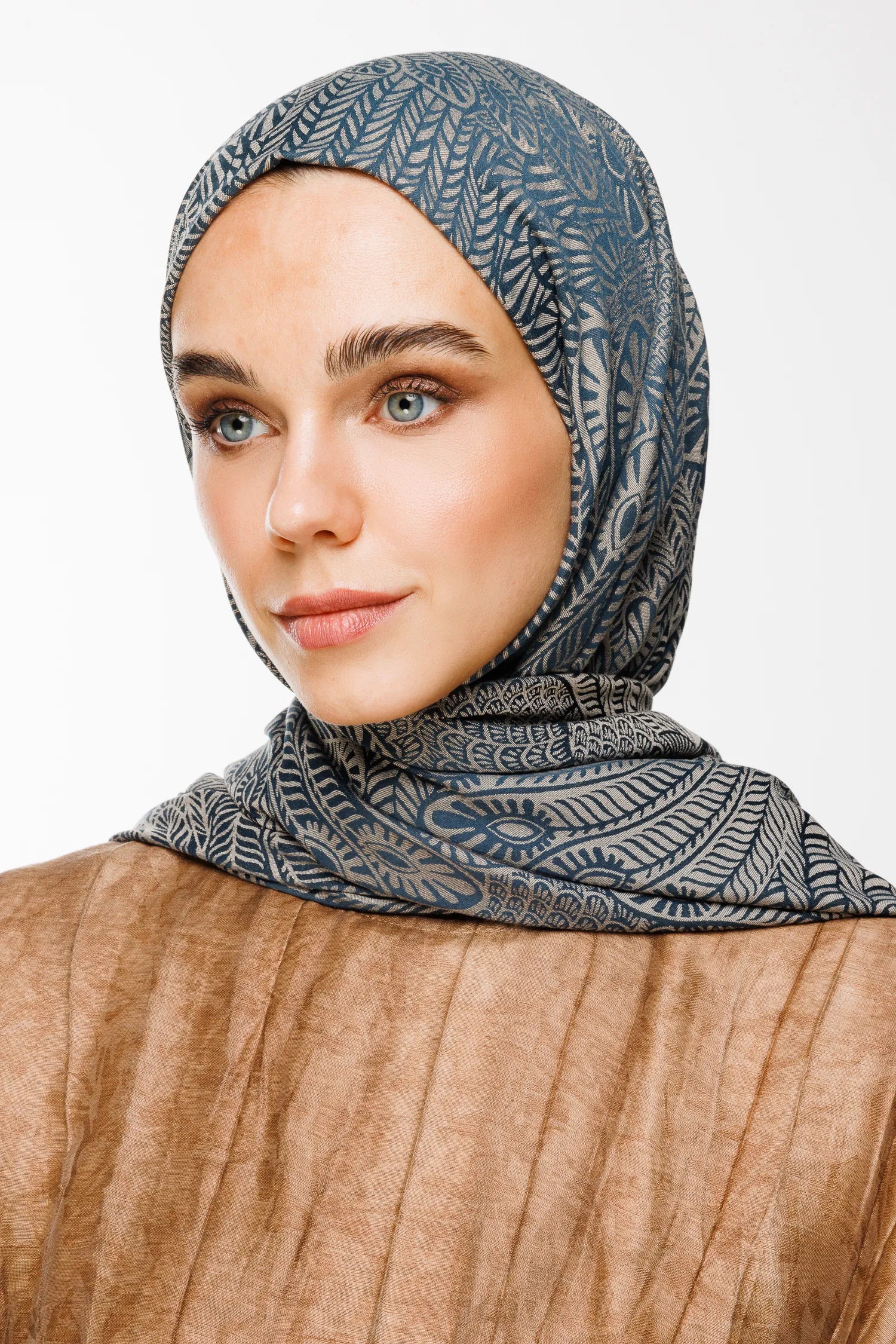 Mayra Pattern Double-Sided Scarf - Petrol Blue-Beige
