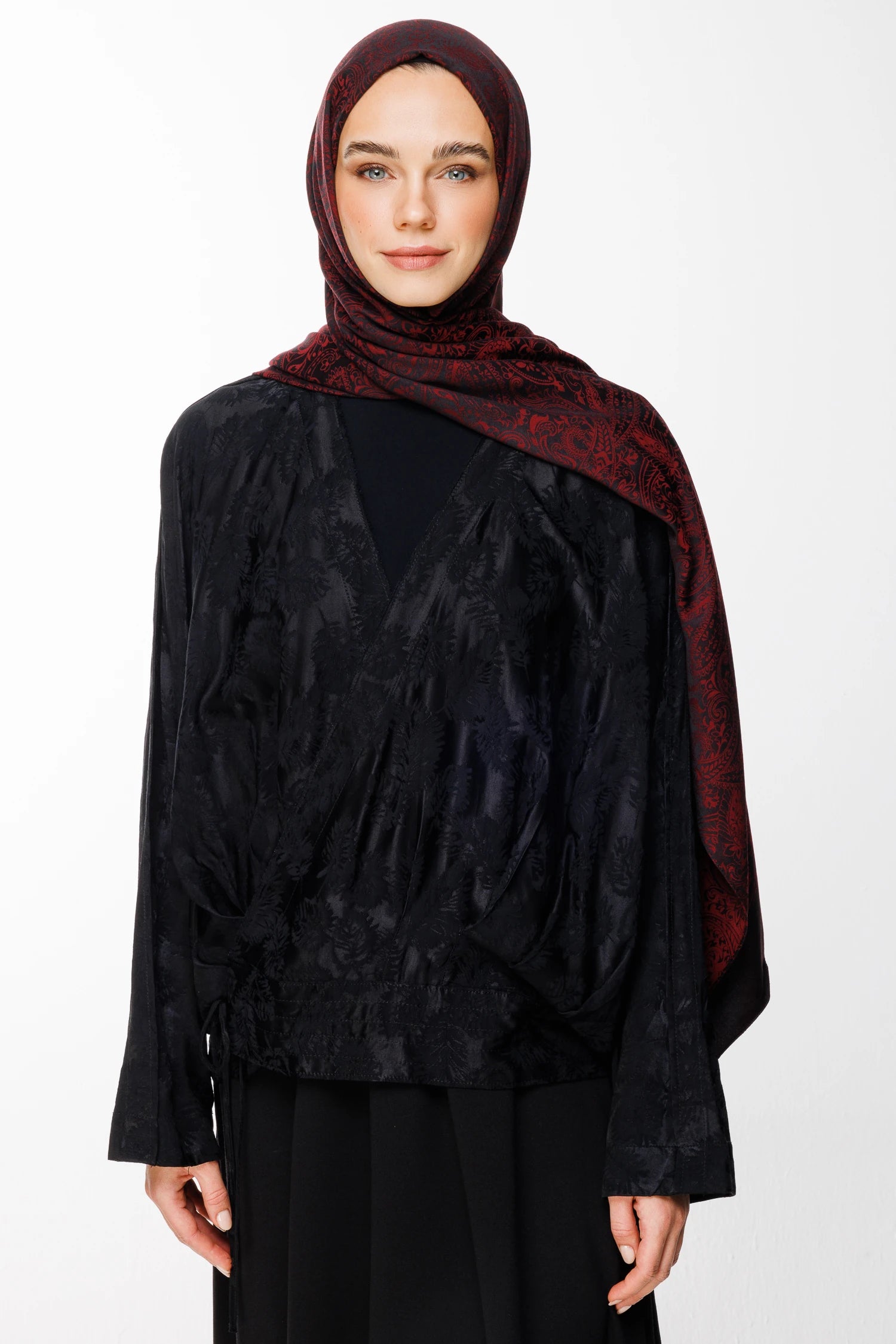 Velora Pattern Double-Sided Scarf - Black-Burgundy