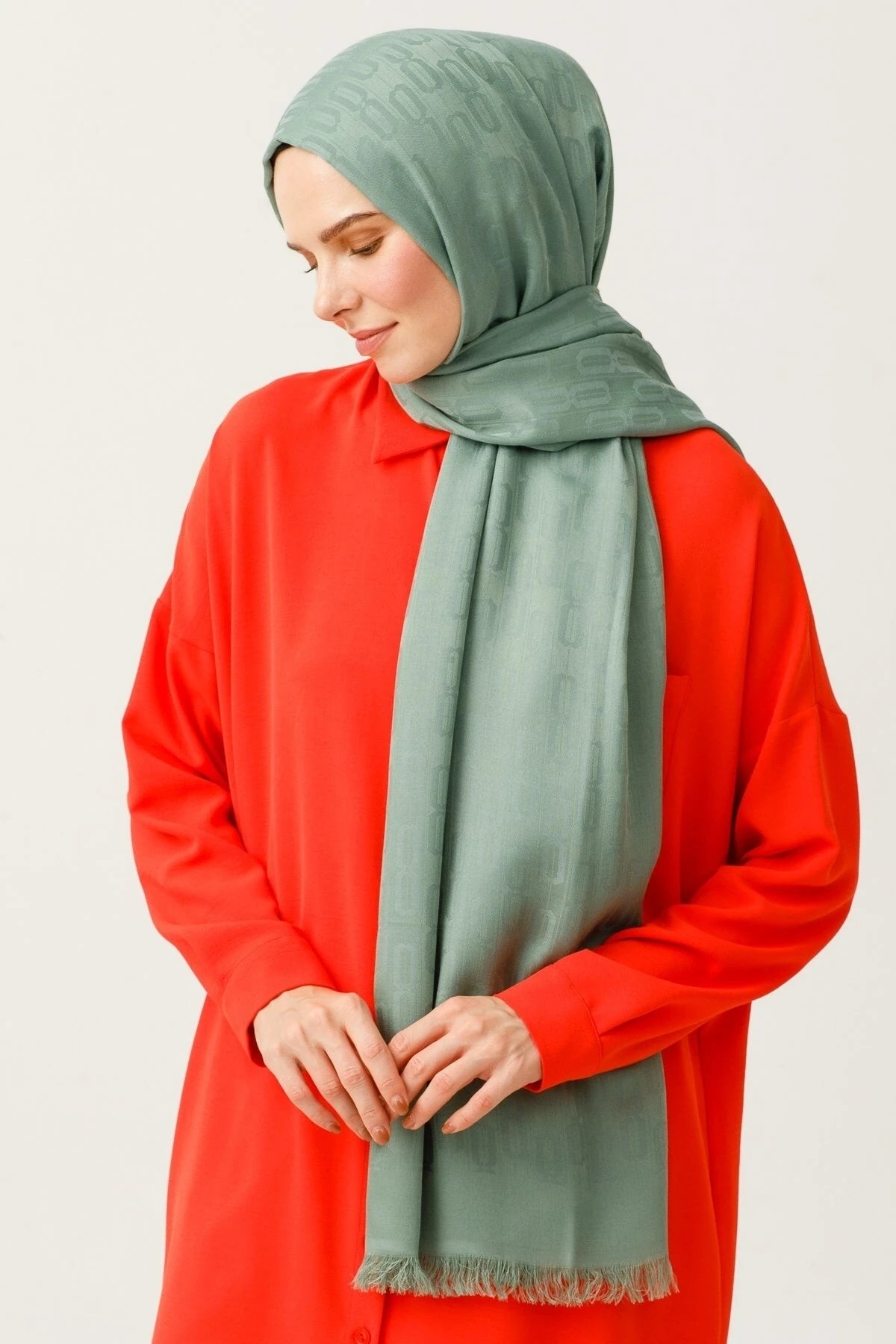 Chain Pattern Cotton Jacquard Scarf - Mold Green