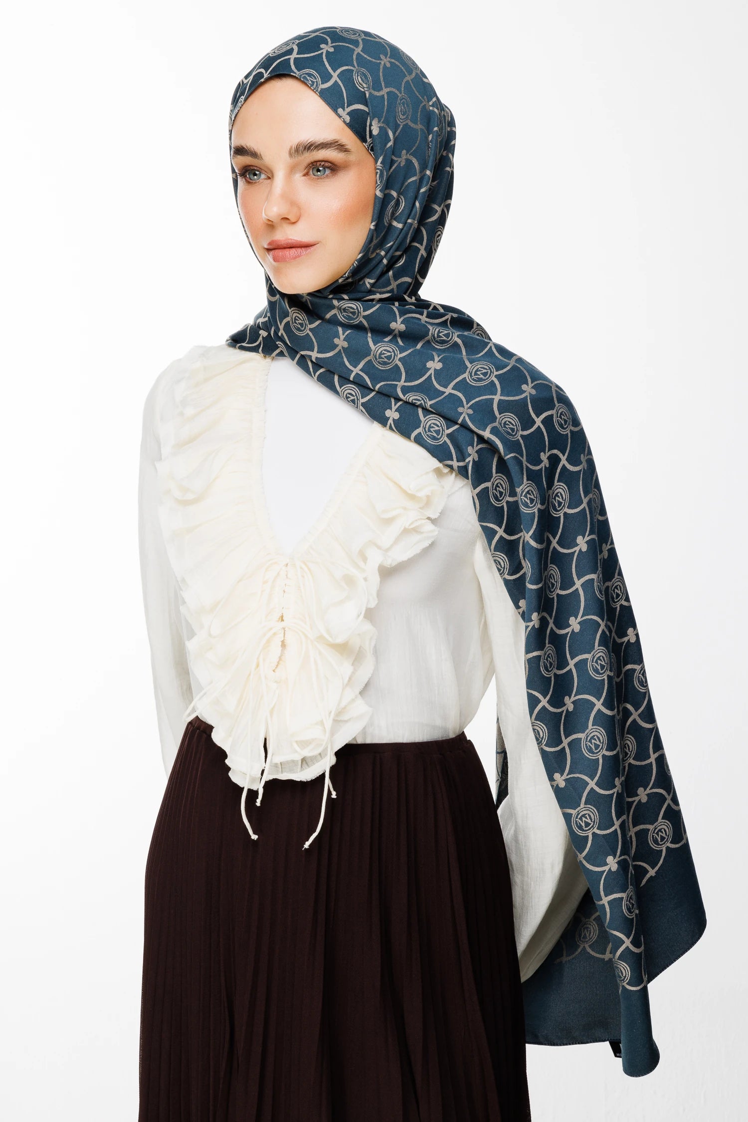 Marrakech Pattern Double-Sided Scarf - Petrol Blue-Beige