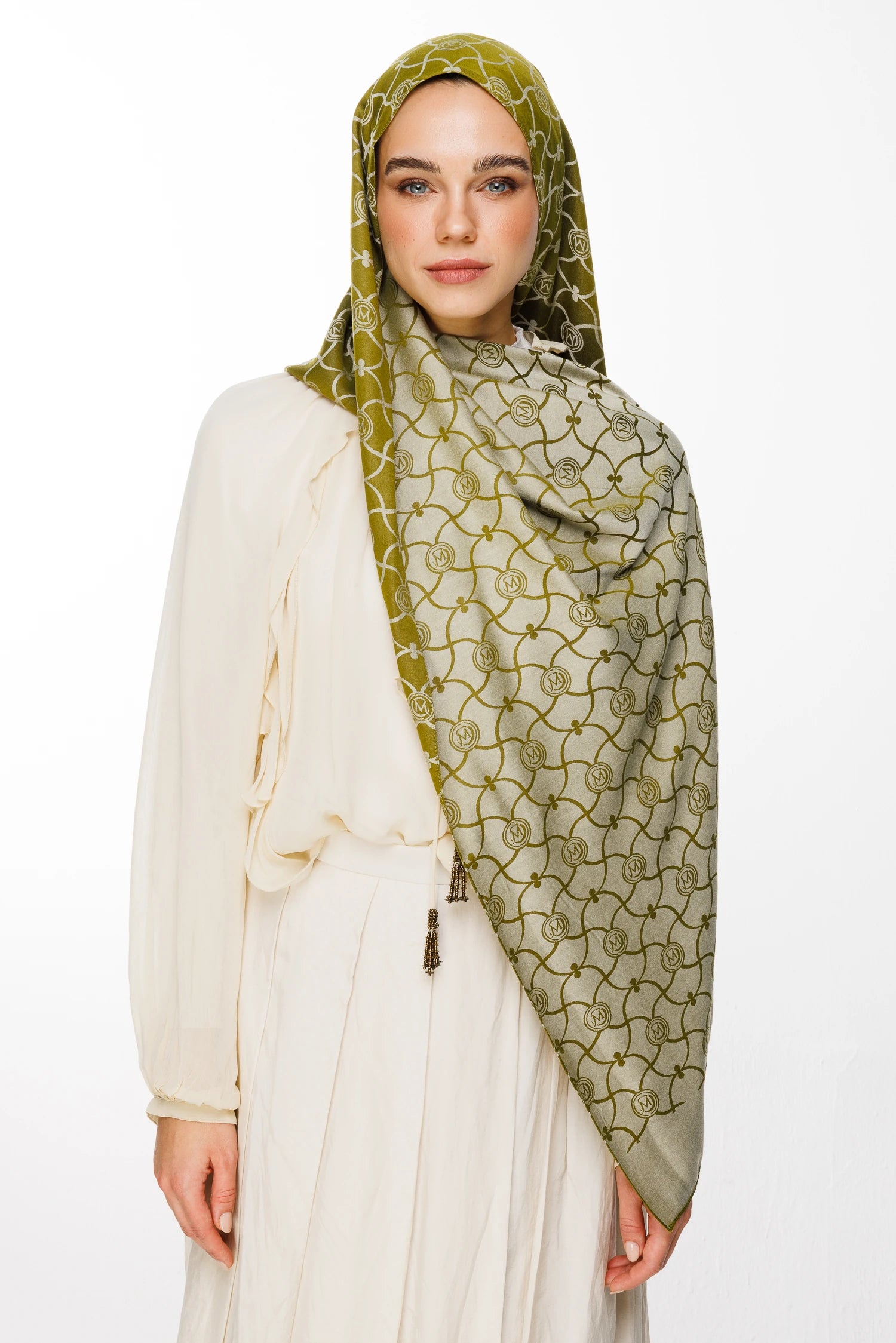 Marrakech Pattern Double-Sided Scarf - Olive Green-Ecru