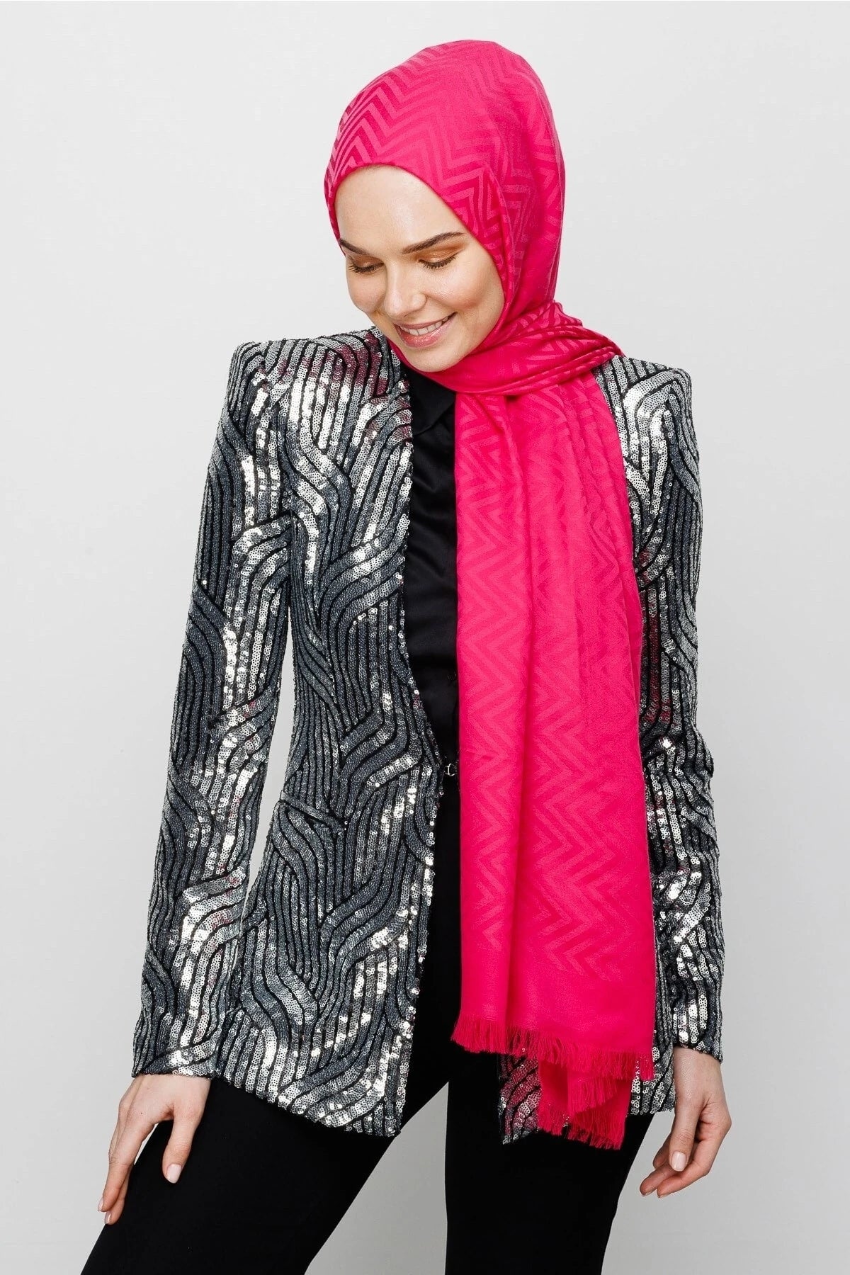 Zigzag Pattern Cotton Jacquard Shawl - Fuchsia