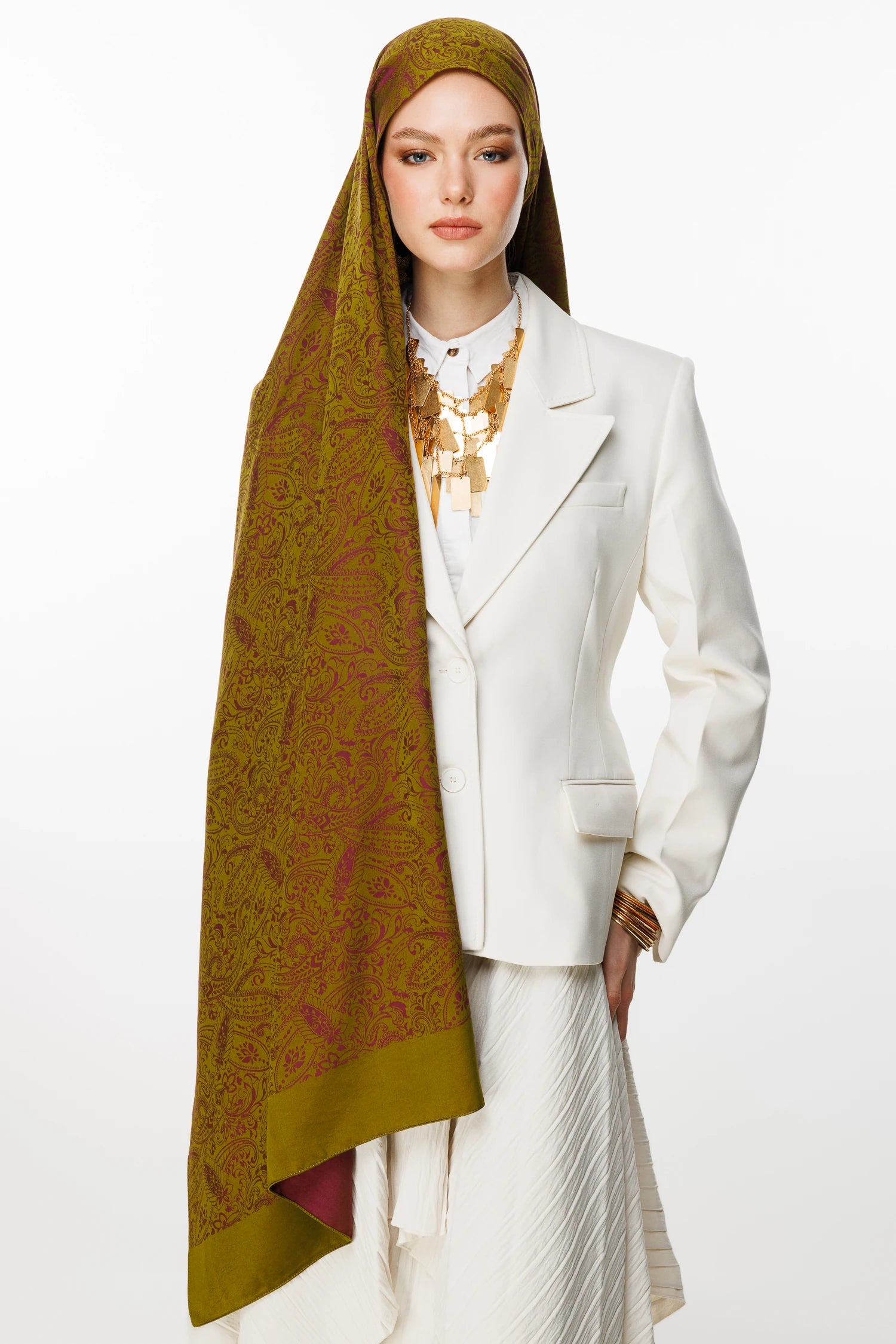 Velora Pattern Double-Sided Scarf - Olive Green-Plum