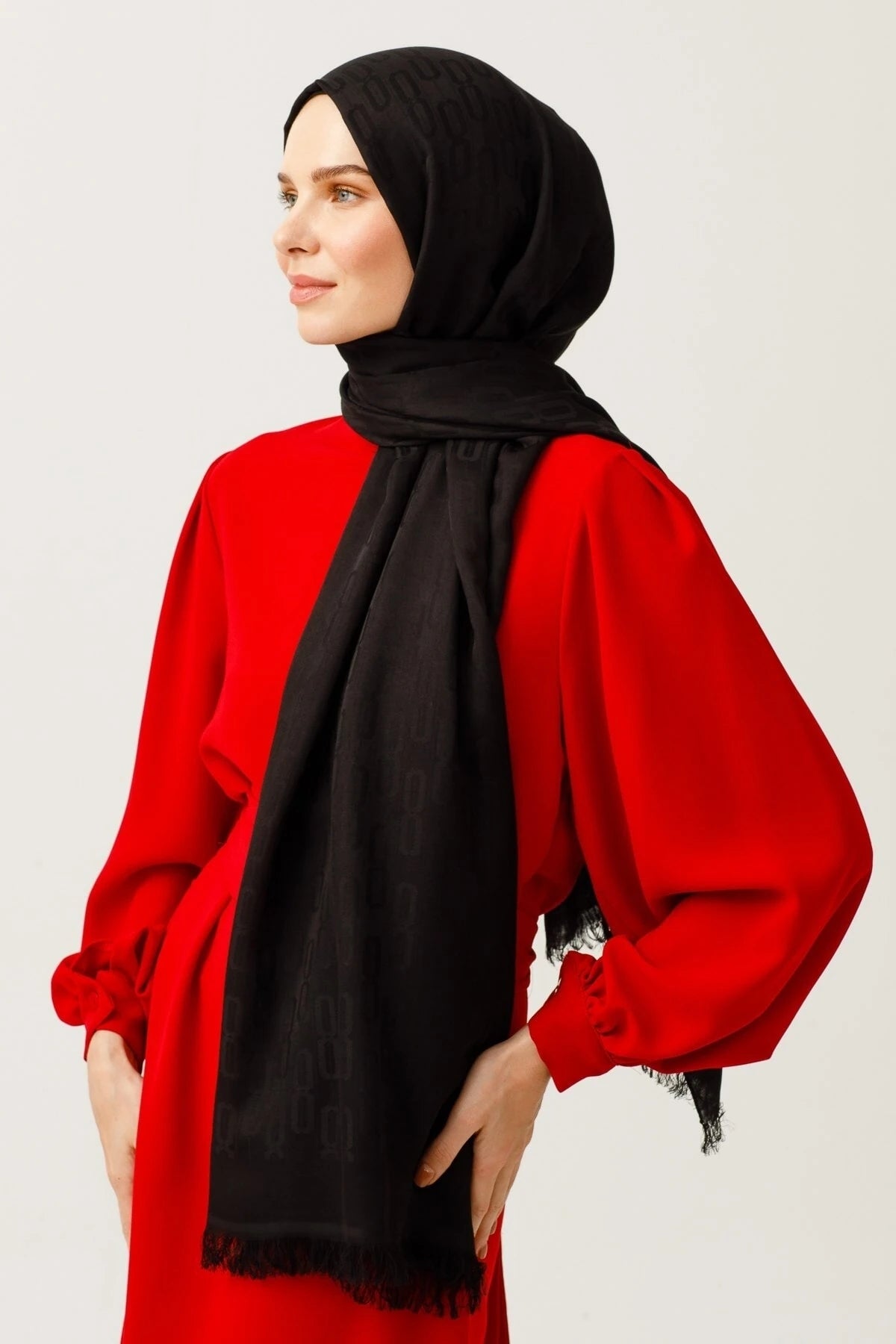 Chain Pattern Cotton Jacquard Scarf - Black