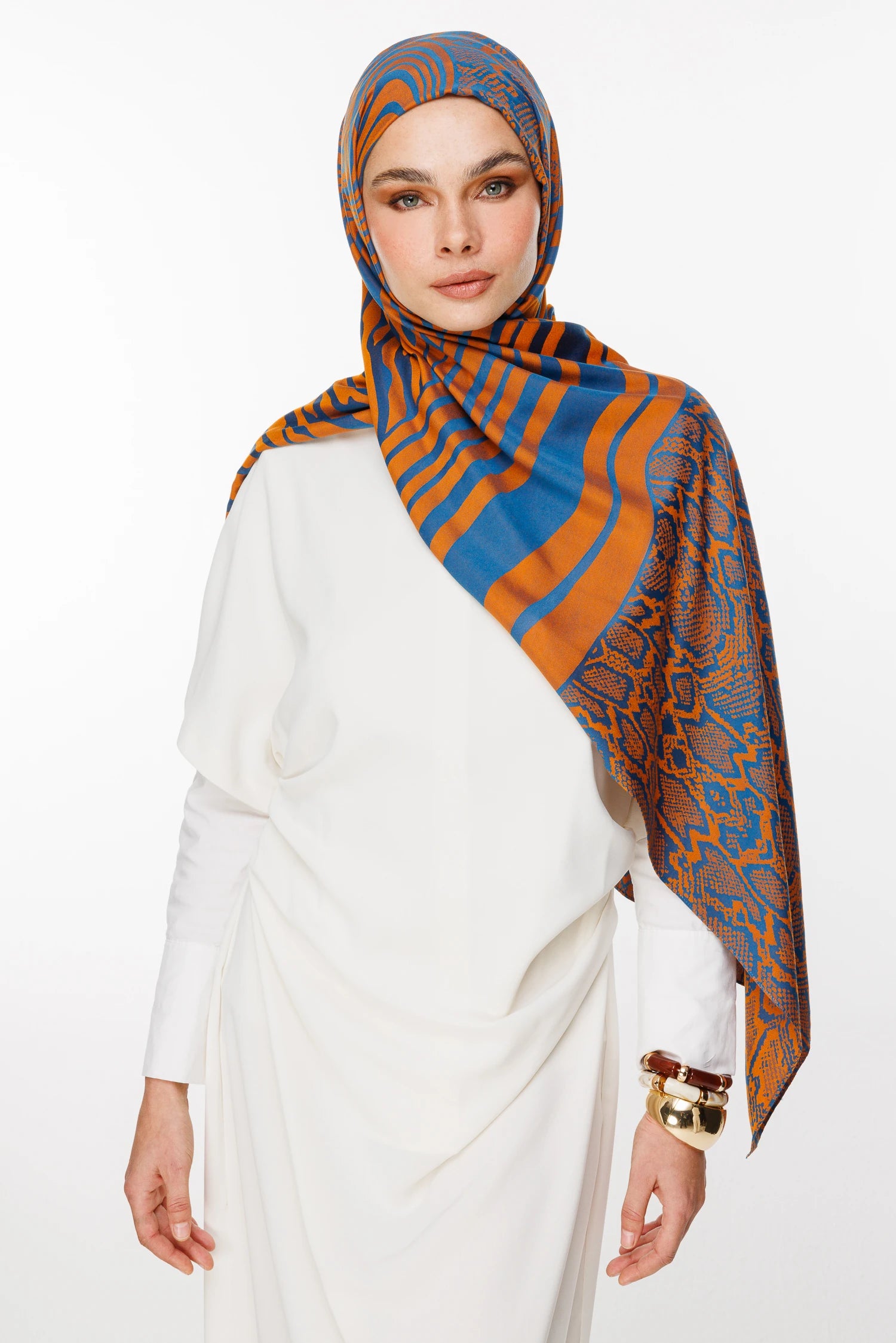 Riad Pattern Double-Sided Shawl - Petroleum Blue-Orange