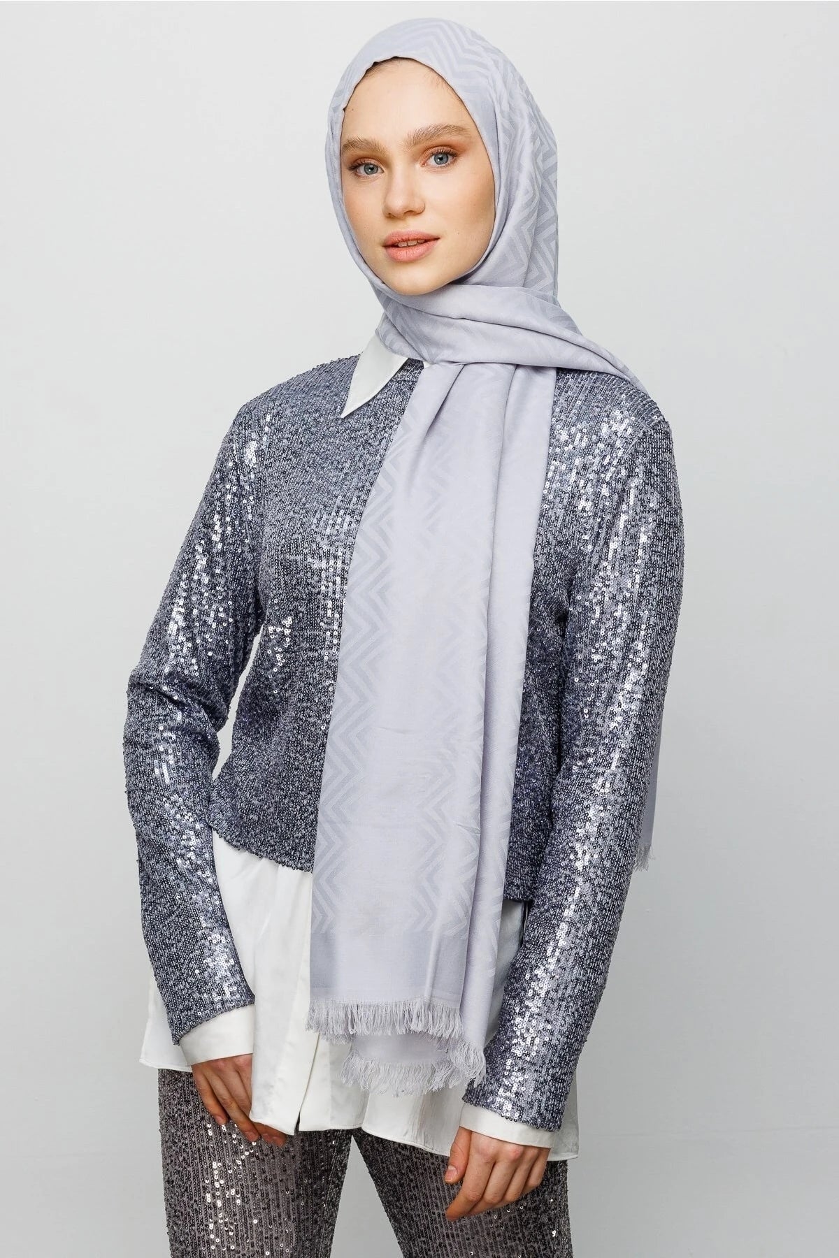 Zigzag Pattern Cotton Jacquard Shawl - Silver