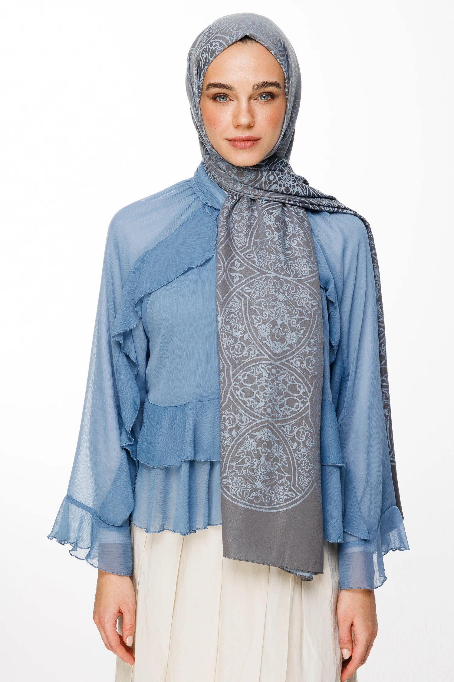 Morocco Pattern Double-Sided Scarf - Dark Gray-Light Blue