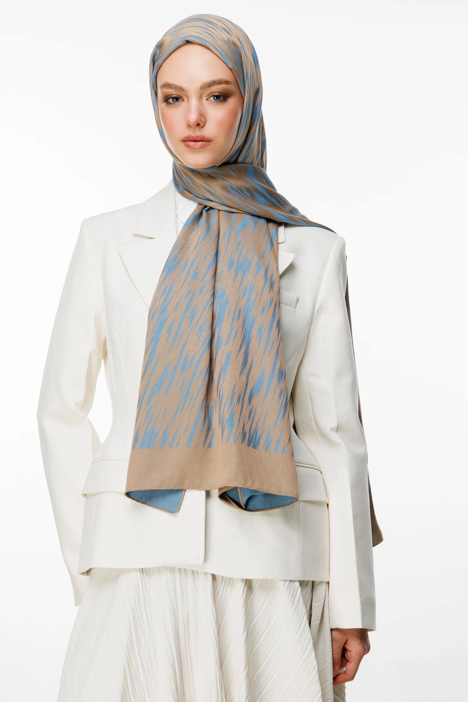 Selis Pattern Double-Sided Scarf - Mink-Turquoise