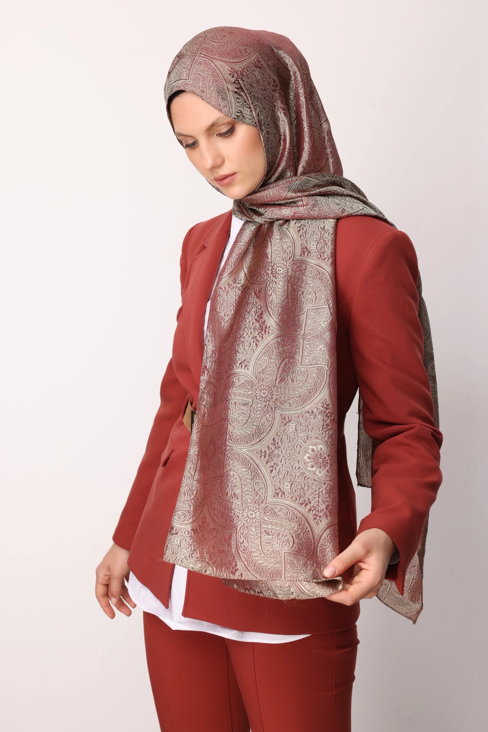 Vera Pattern Shine Line Scarf - Plum-Salmon