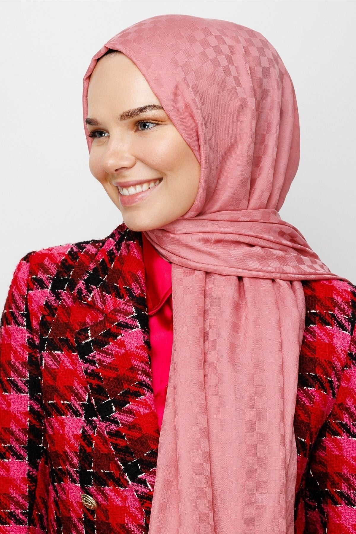 Square Pattern Cotton Jacquard Scarf - Pink