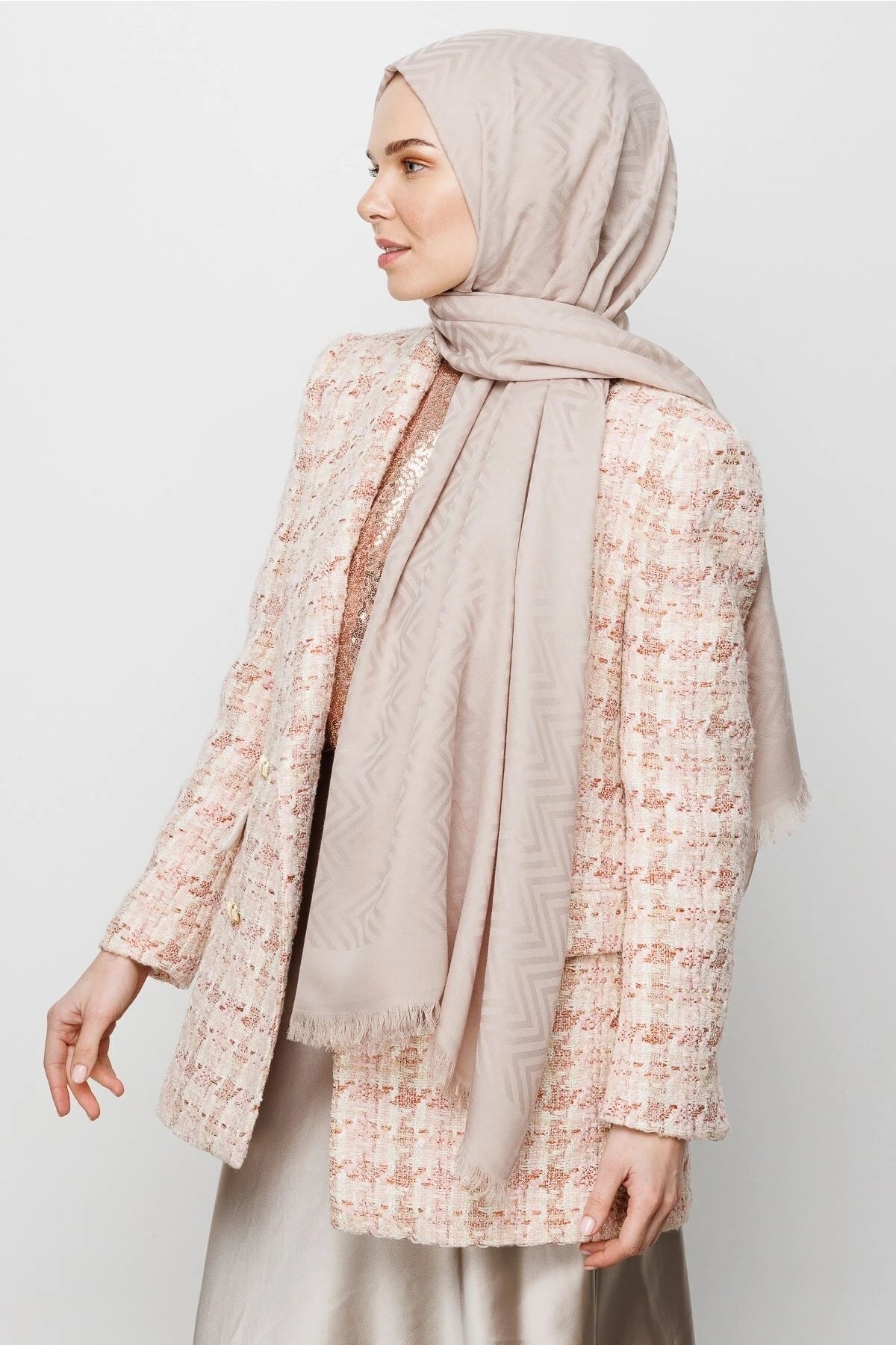 Zigzag Pattern Cotton Jacquard Shawl - Beige