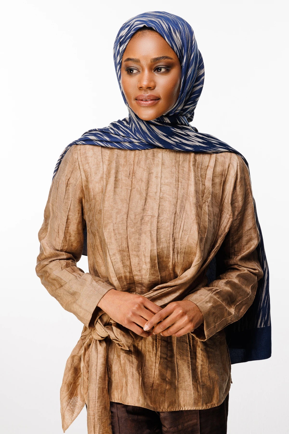 Selis Pattern Double-Sided Scarf - Navy Blue-Beige