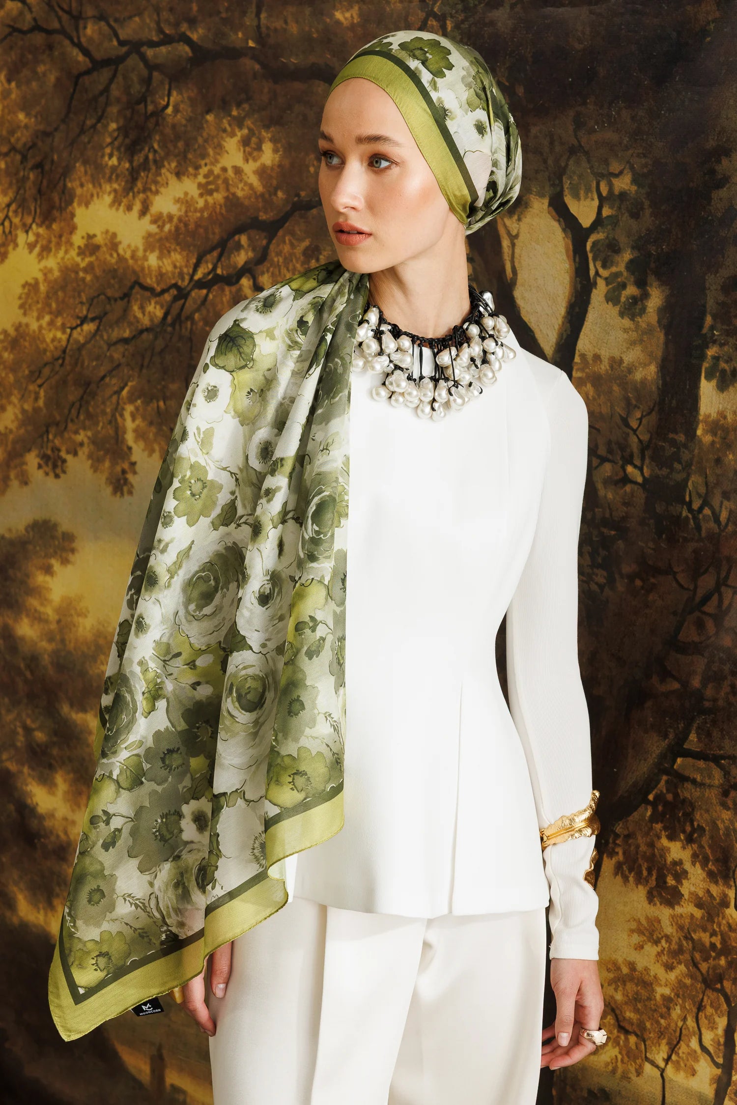Vensel Pattern Cotton Scarf - Green