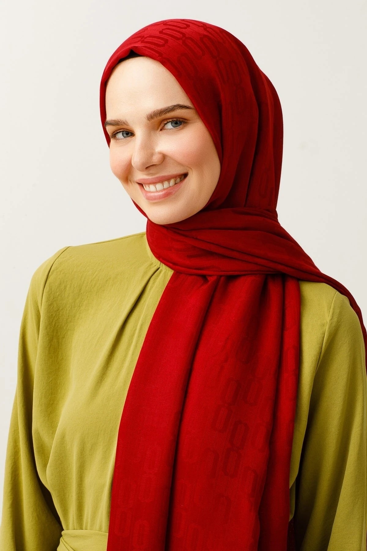 Chain Pattern Cotton Jacquard Scarf - Burgundy