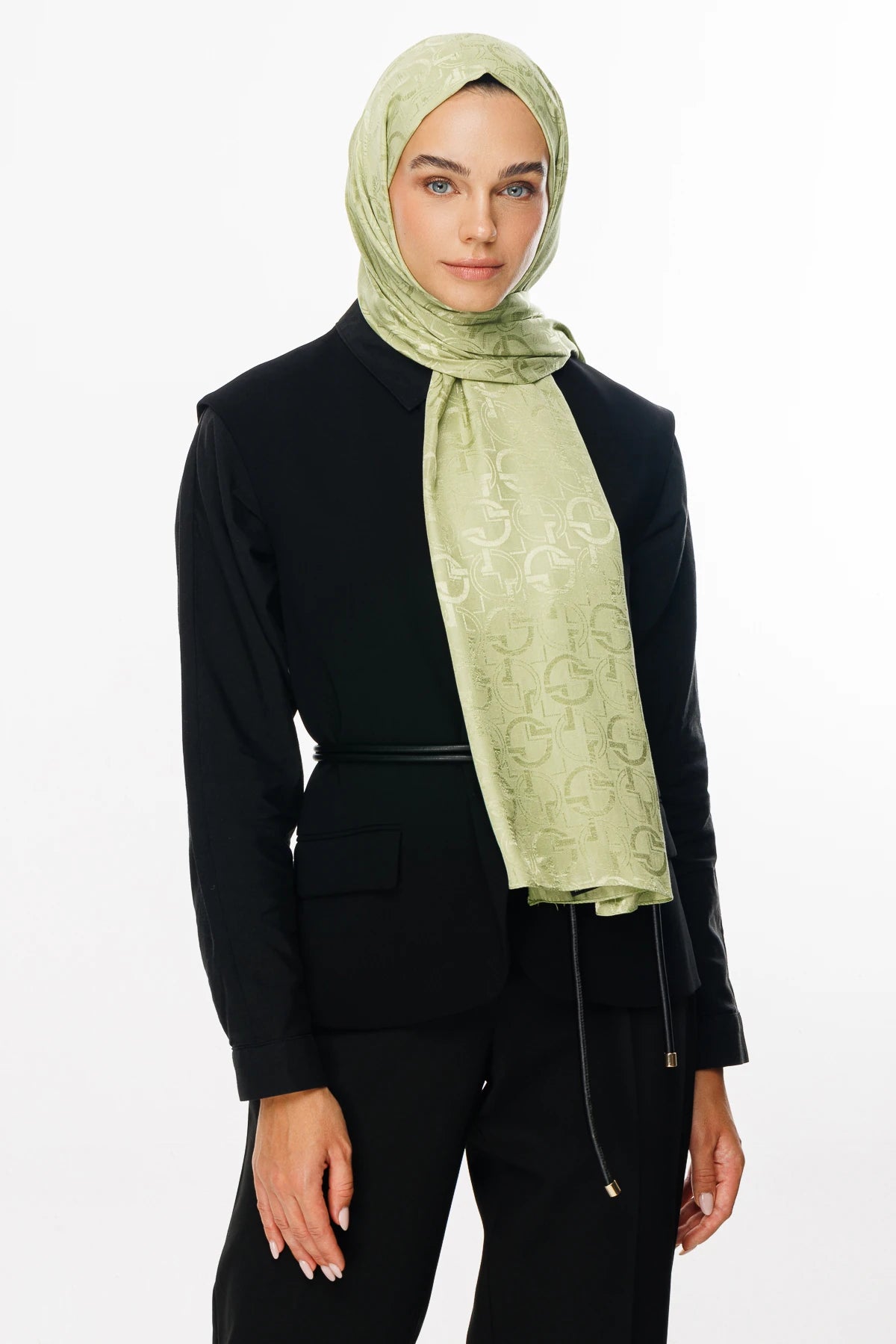 Longar Pattern Shiny Jacquard Scarf - Pistachio Green