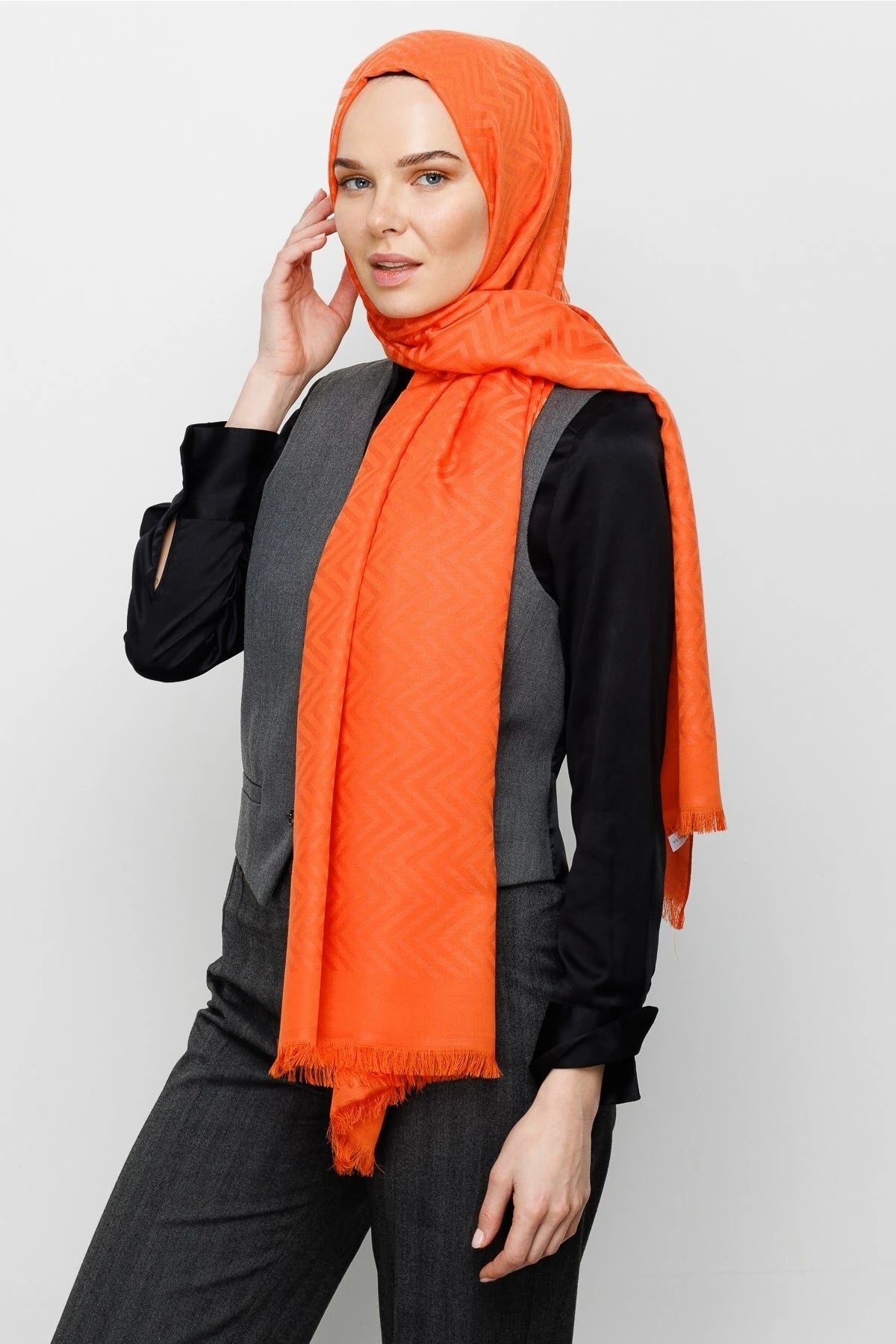 Zigzag Pattern Cotton Jacquard Shawl - Orange