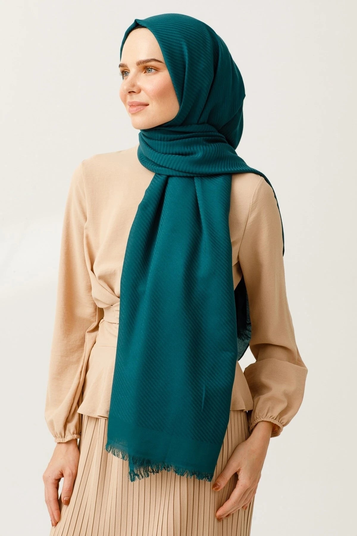 Striped Pattern Cotton Jacquard Scarf - Emerald