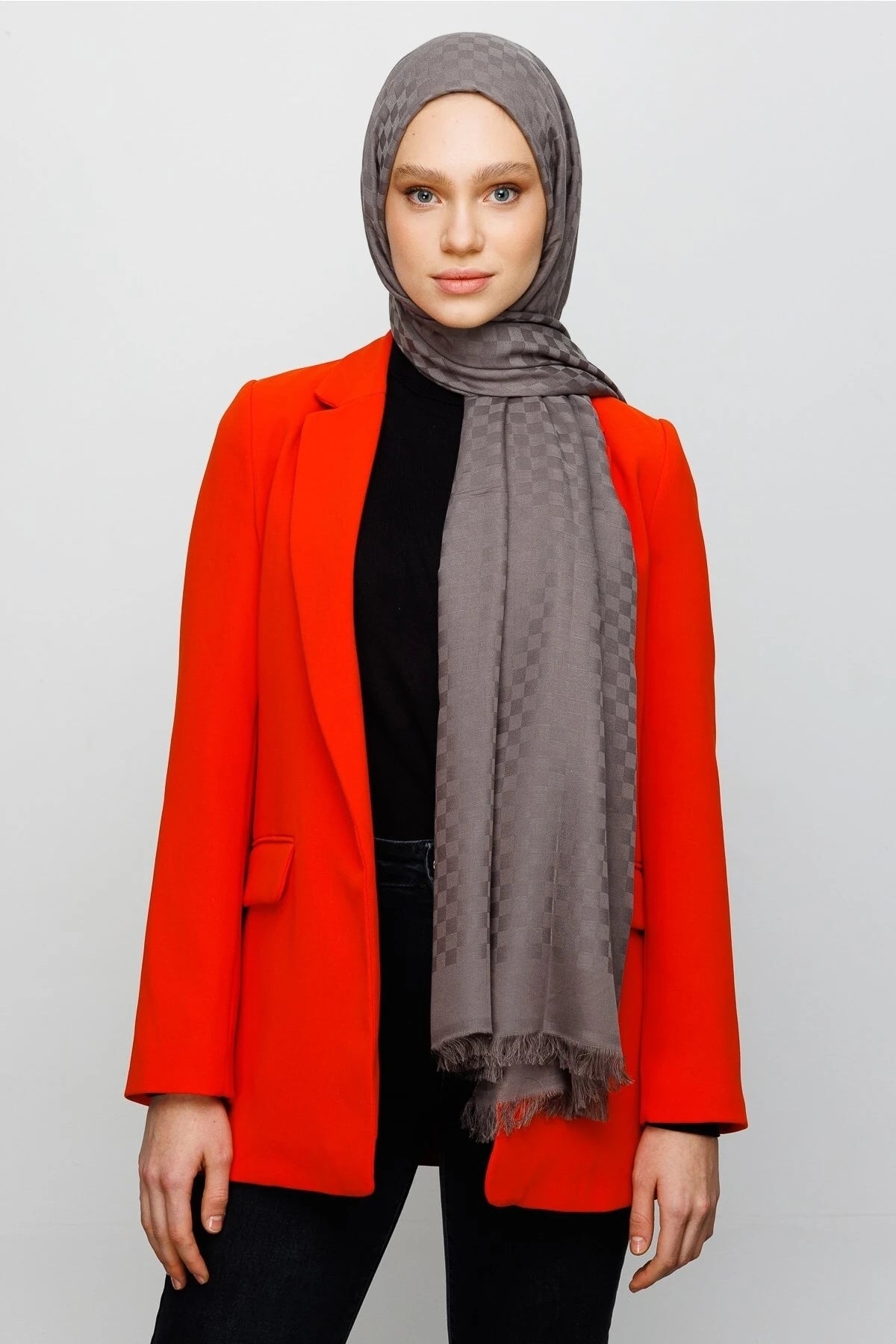 Square Pattern Cotton Jacquard Scarf - Anthracite