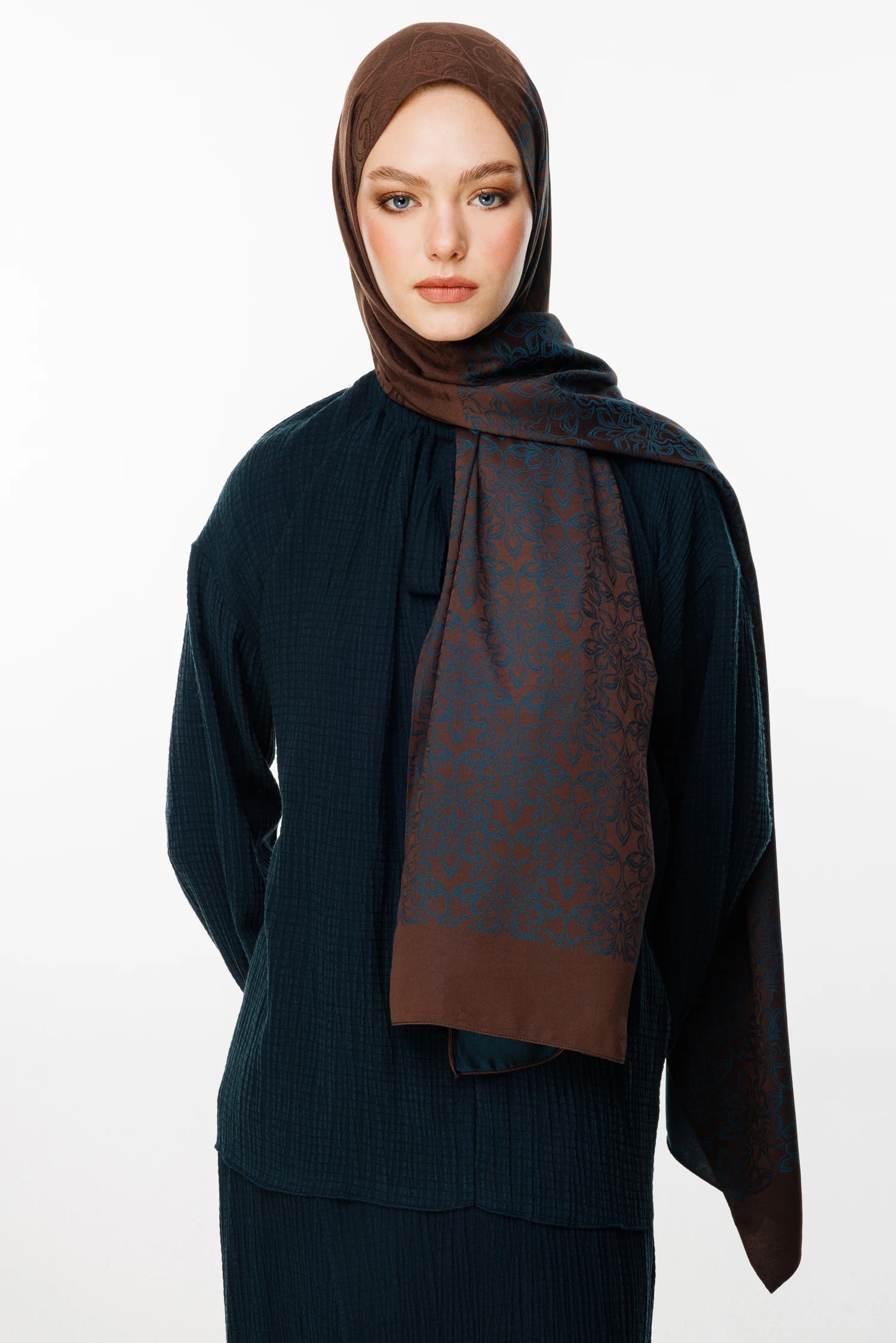 Nora Pattern Double-Sided Scarf - Bitter Coffee-Petrol Blue