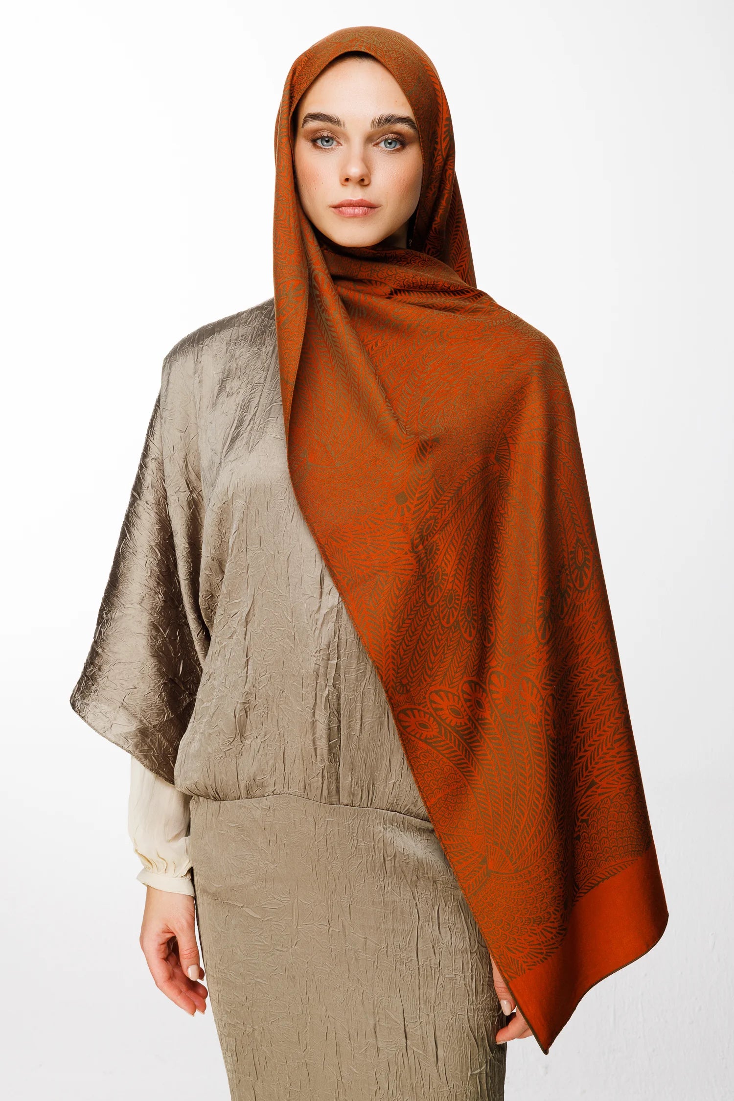 Mayra Pattern Double-Sided Scarf - Dark Khaki-Cinnamon
