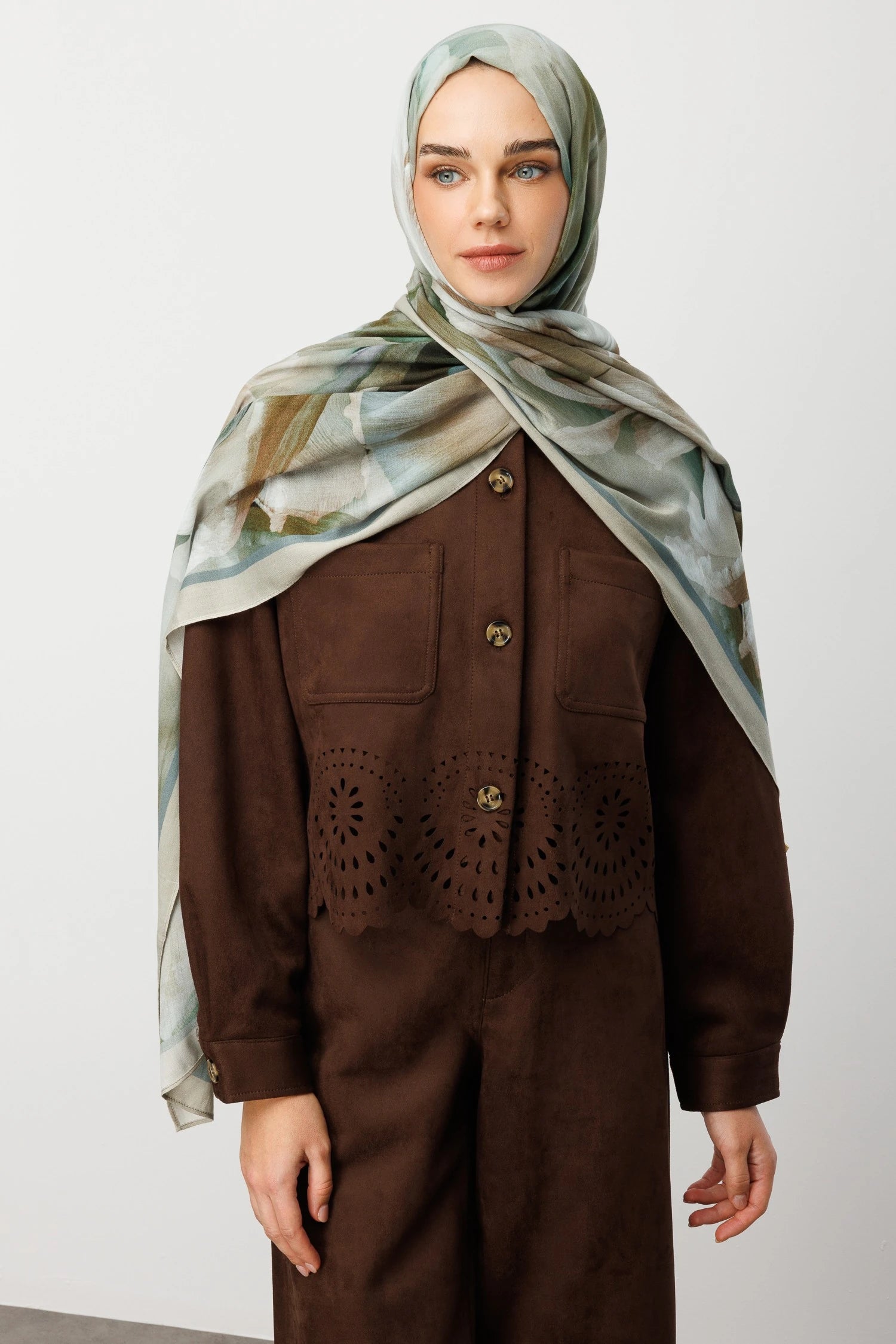 Fleur Pattern Ramie Shawl - Sage