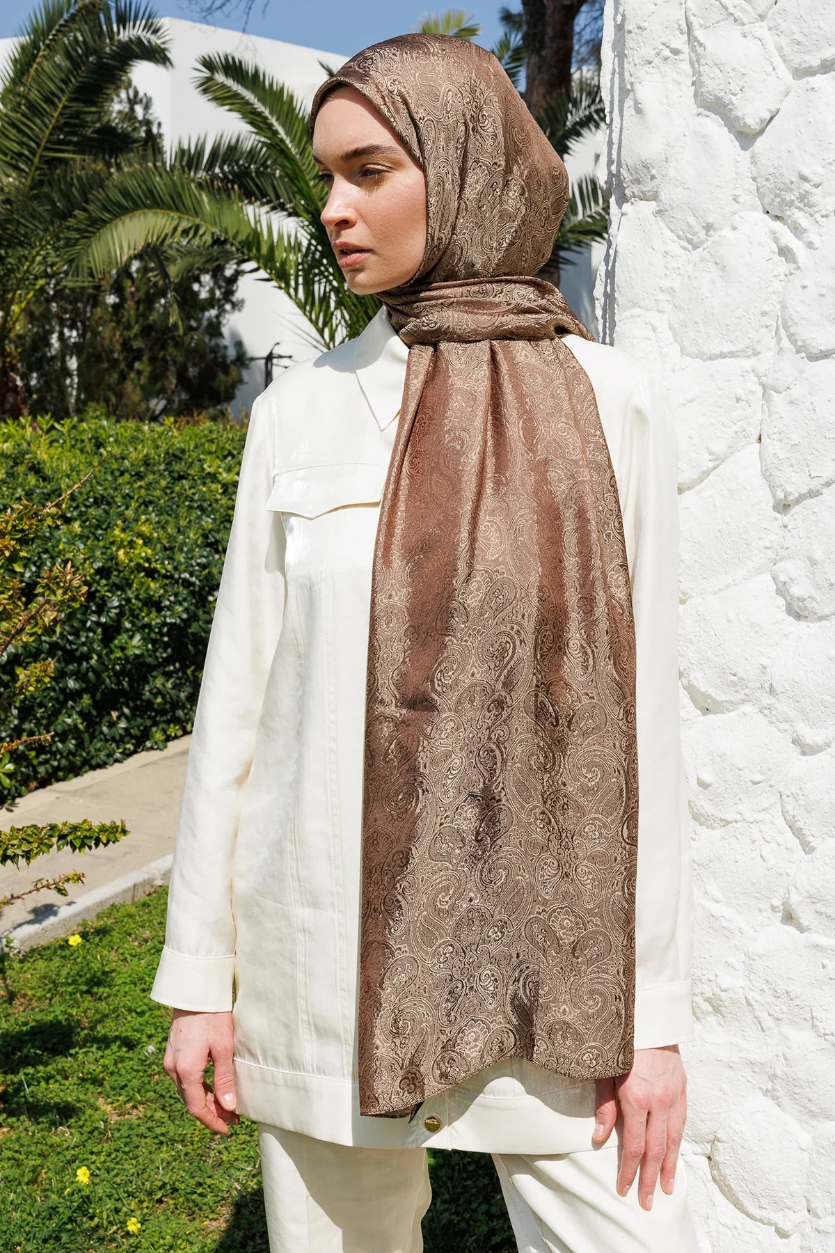 Moren Pattern Shine Line Scarf - Bitter Coffee-Beige