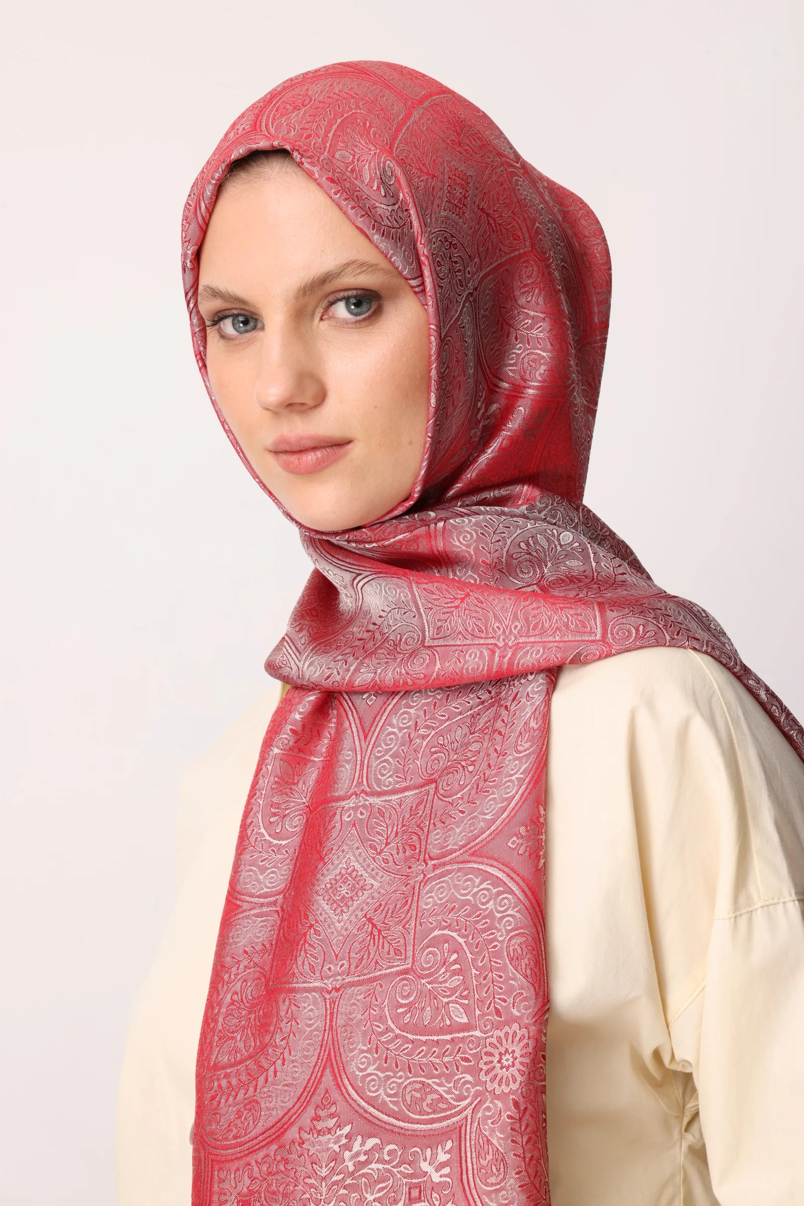 Vera Pattern Shine Line Scarf - Burgundy-Mint Green