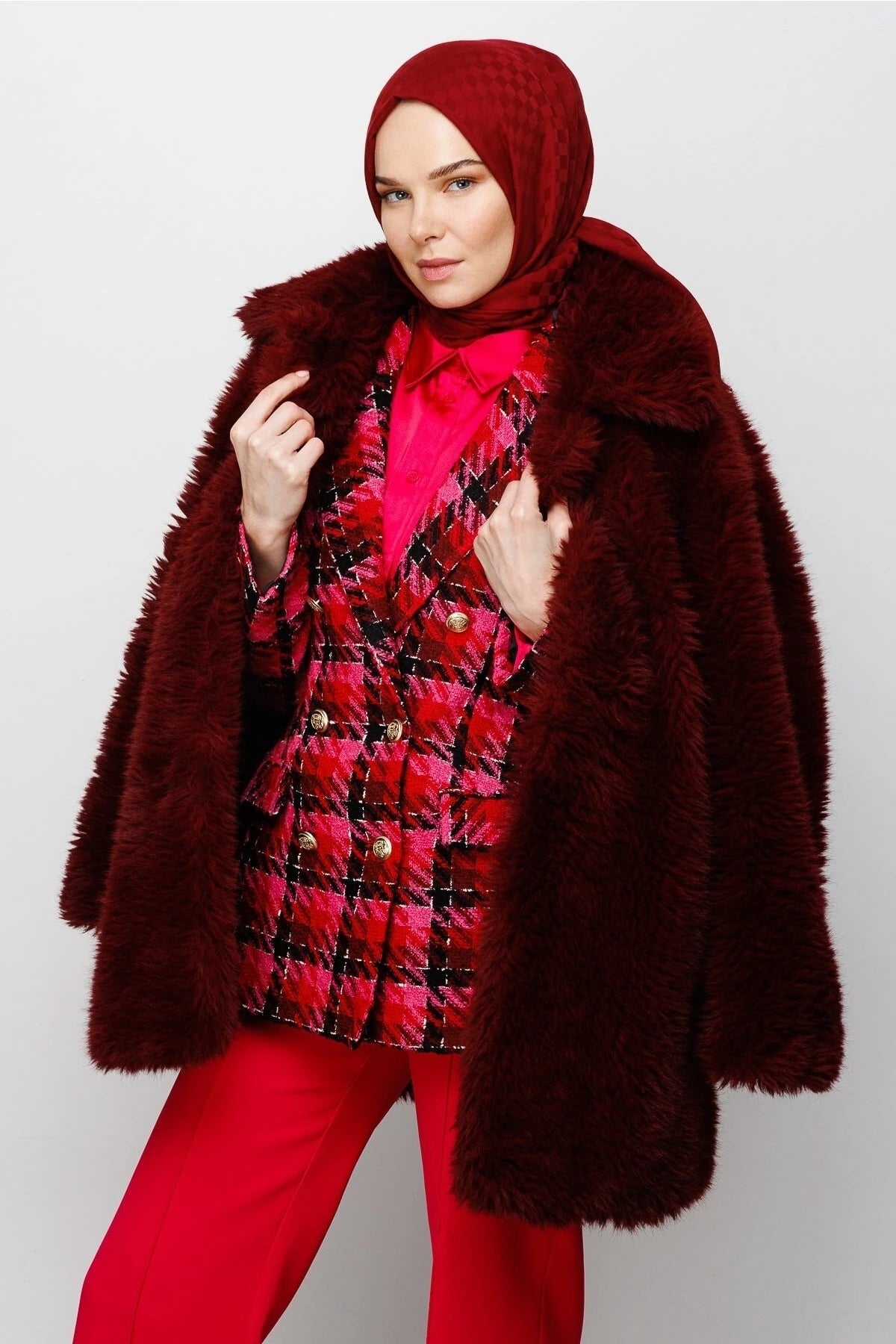 Square Pattern Cotton Jacquard Scarf - Burgundy