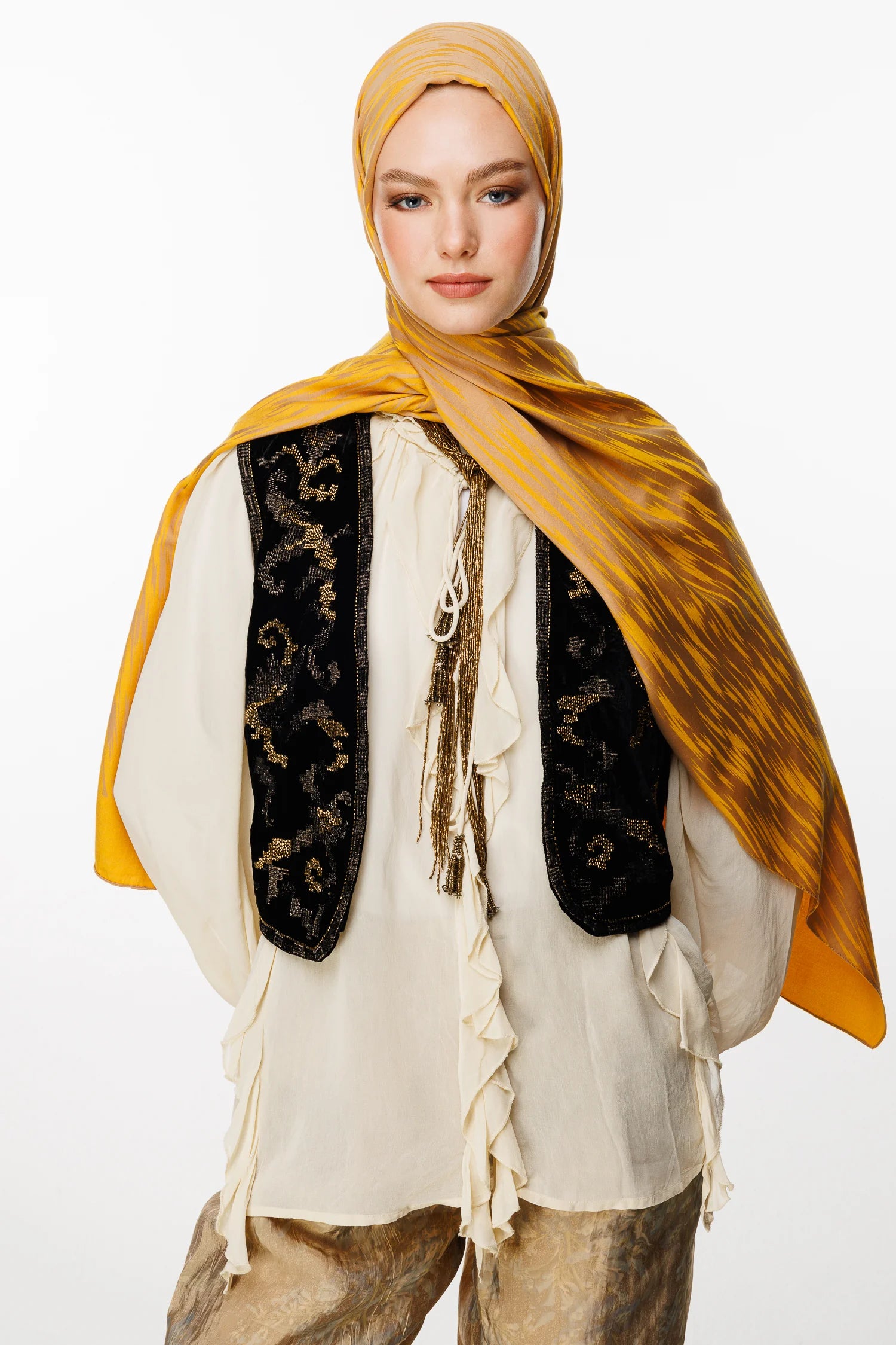 Selis Pattern Double-Sided Scarf - Mink-Mustard