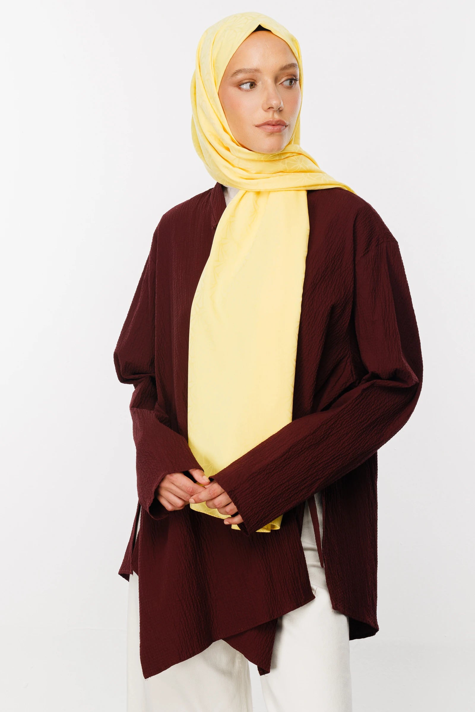Lotus Pattern Silky Jacquard Scarf - Yellow