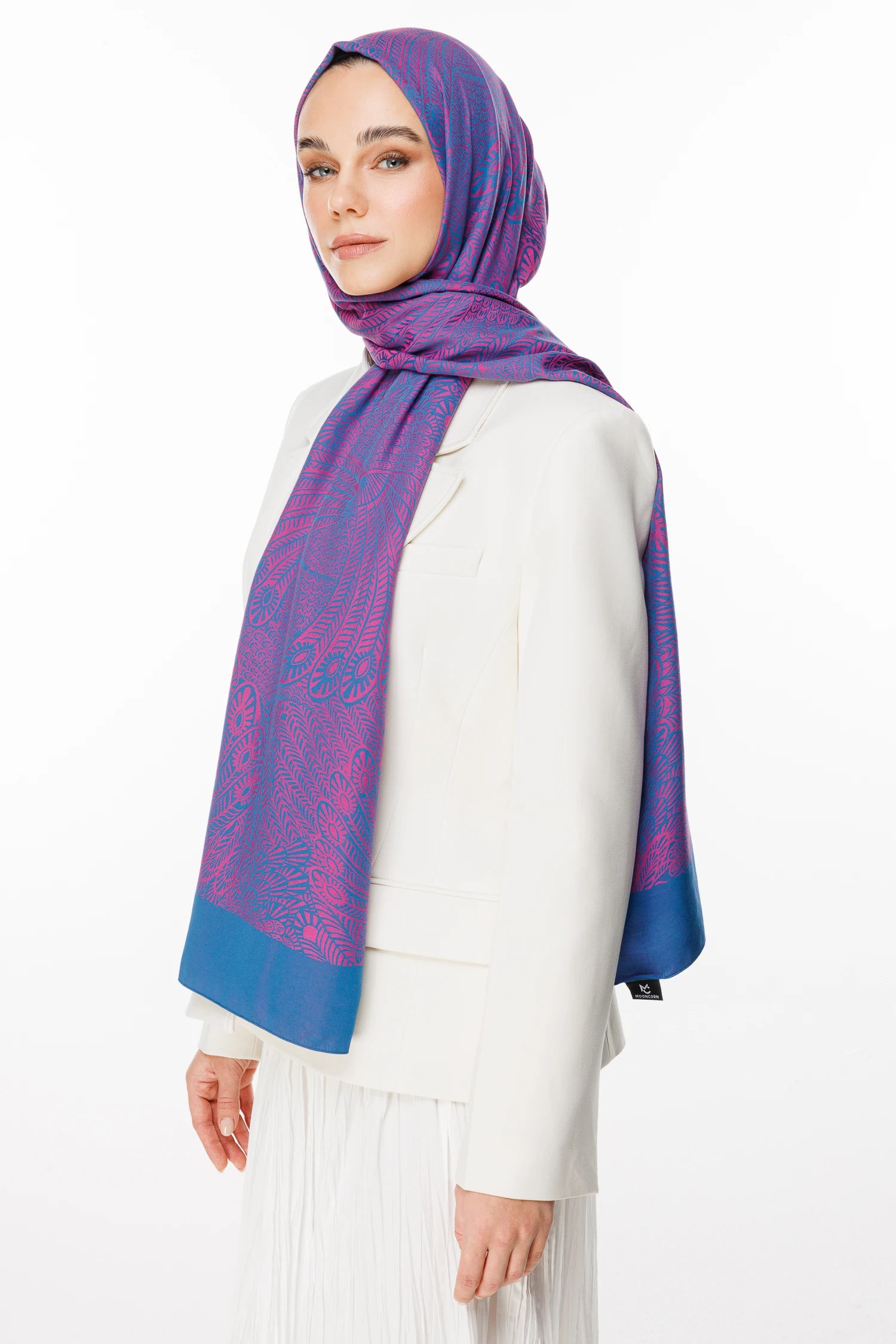 Mayra Pattern Double-Sided Scarf - Petrol Blue-Fuchsia