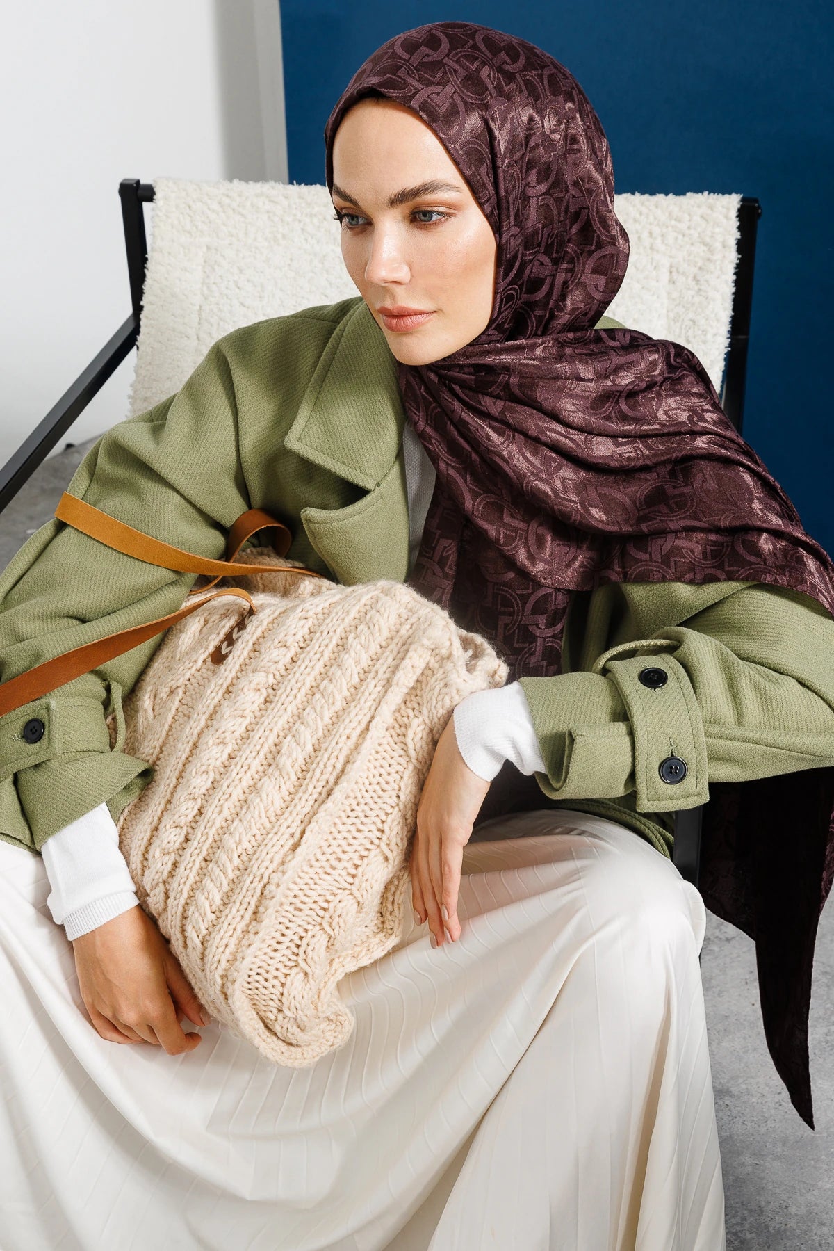 Longar Pattern Shiny Jacquard Scarf - Bitter Coffee