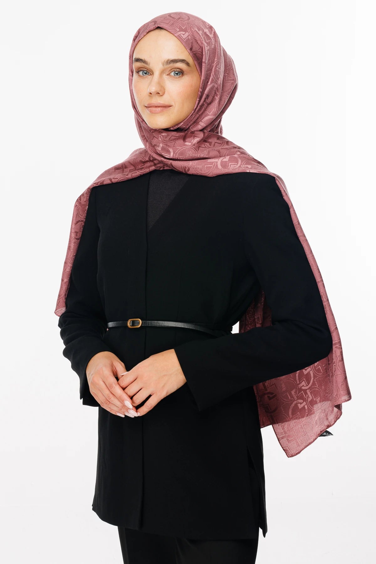 Longar Pattern Shiny Jacquard Scarf - Dried Rose