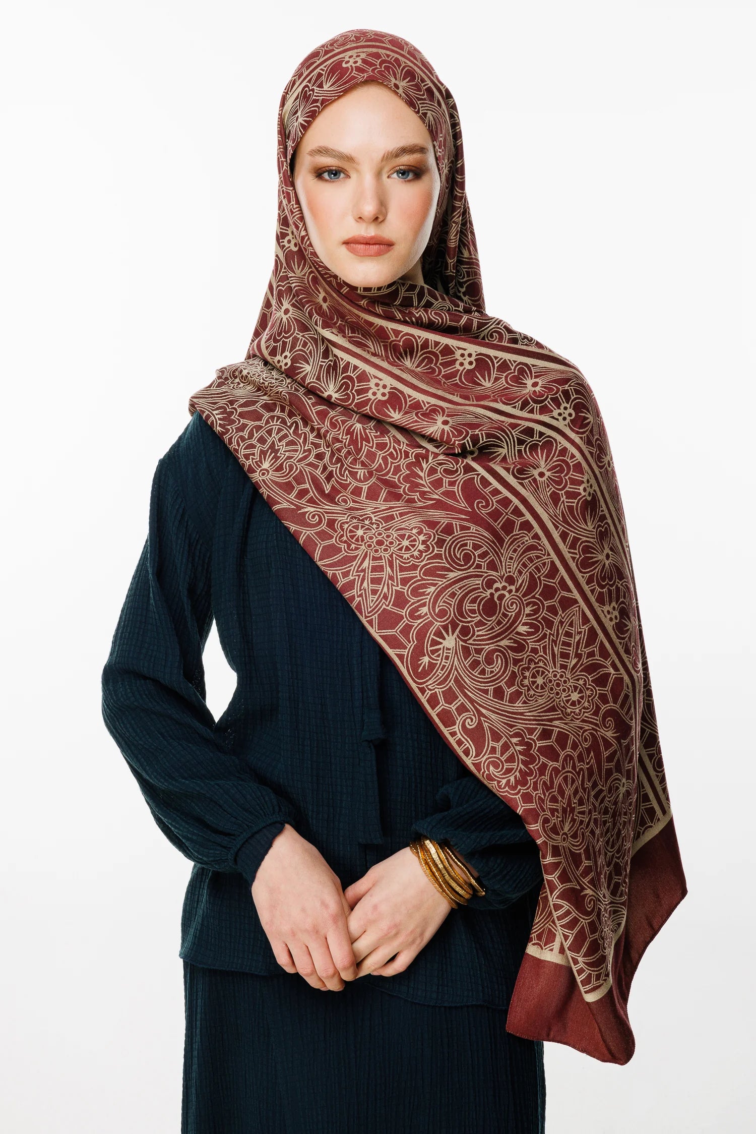 Lavin Pattern Double-Sided Scarf - Plum-Salmon